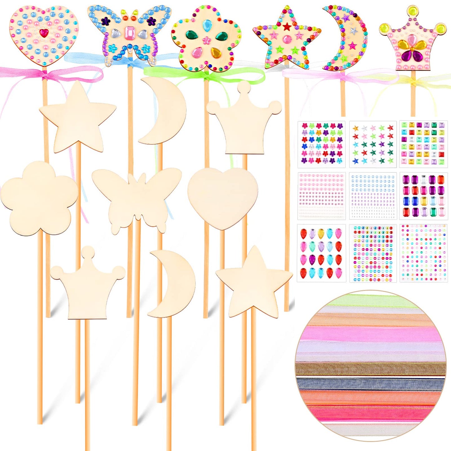 Princess Fairy Wands Kit Include Wooden Fairy Wands, Gem Stickers, Ribbons Unfinished Wooden DIY Magical Wand Crafts Moon Butterfly Magical Wand for Girls Make Your Own Princess Wand (36)