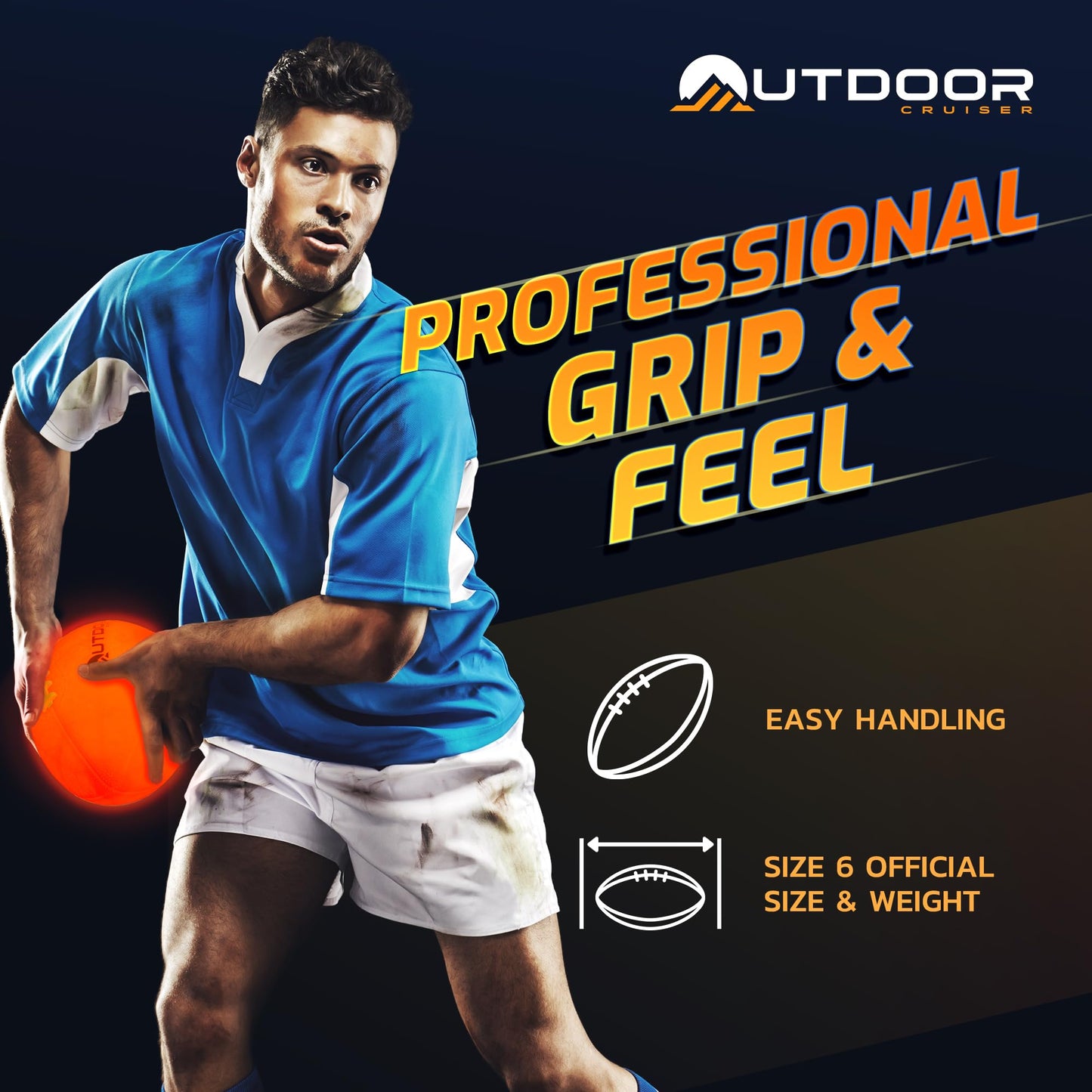 OutdoorCruiser Light Up Rugby Ball - Waterproof Rubber Construction, Glow in The Dark, Glows Up to 30 Hrs with Tap Activation, Complete Set with Pump & Spare Batteries, Official Size 6, for Ages 8-15