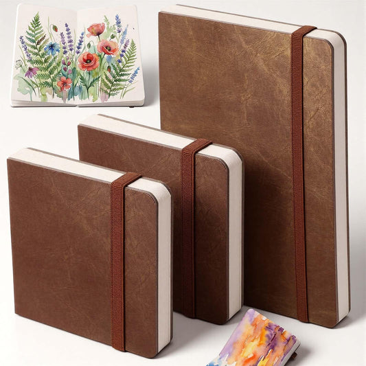 Dispowreath 3 Pcs Watercolor Journal 3.9"x3.9" and 7.5" x 5" Watercolor Sketchbook with 24 Sheets 140 LB (300 GSM) Cotton Water Coloring Paper Cold Press PU Leather Cover Travel Notebook Art Supplies