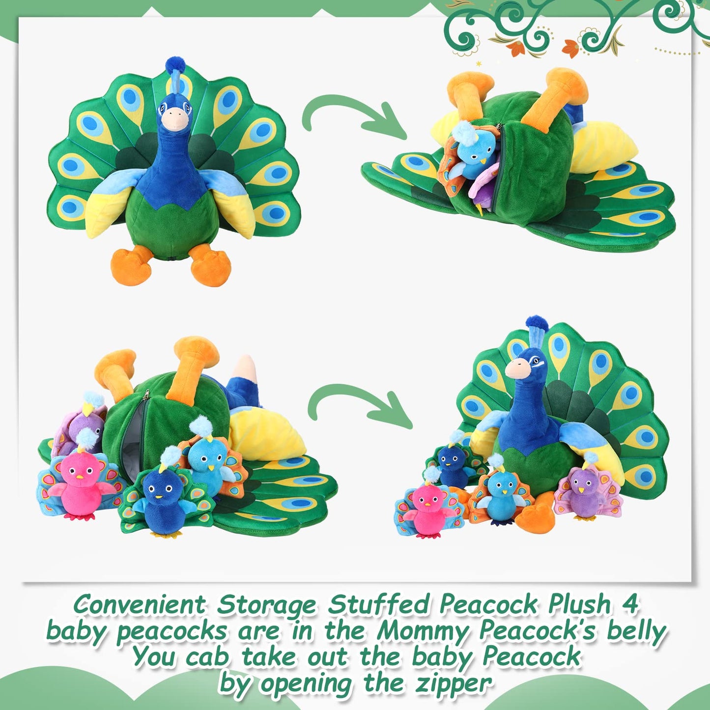 18 Inches Plush Peacock Stuffed Animal Tummy Carrier with 4 Little Plush Peacock Inside Its Zippered Tummy Peacock Cuddly Toy Soft Toy Animals for Birthday Gifts Zoo Party Decor
