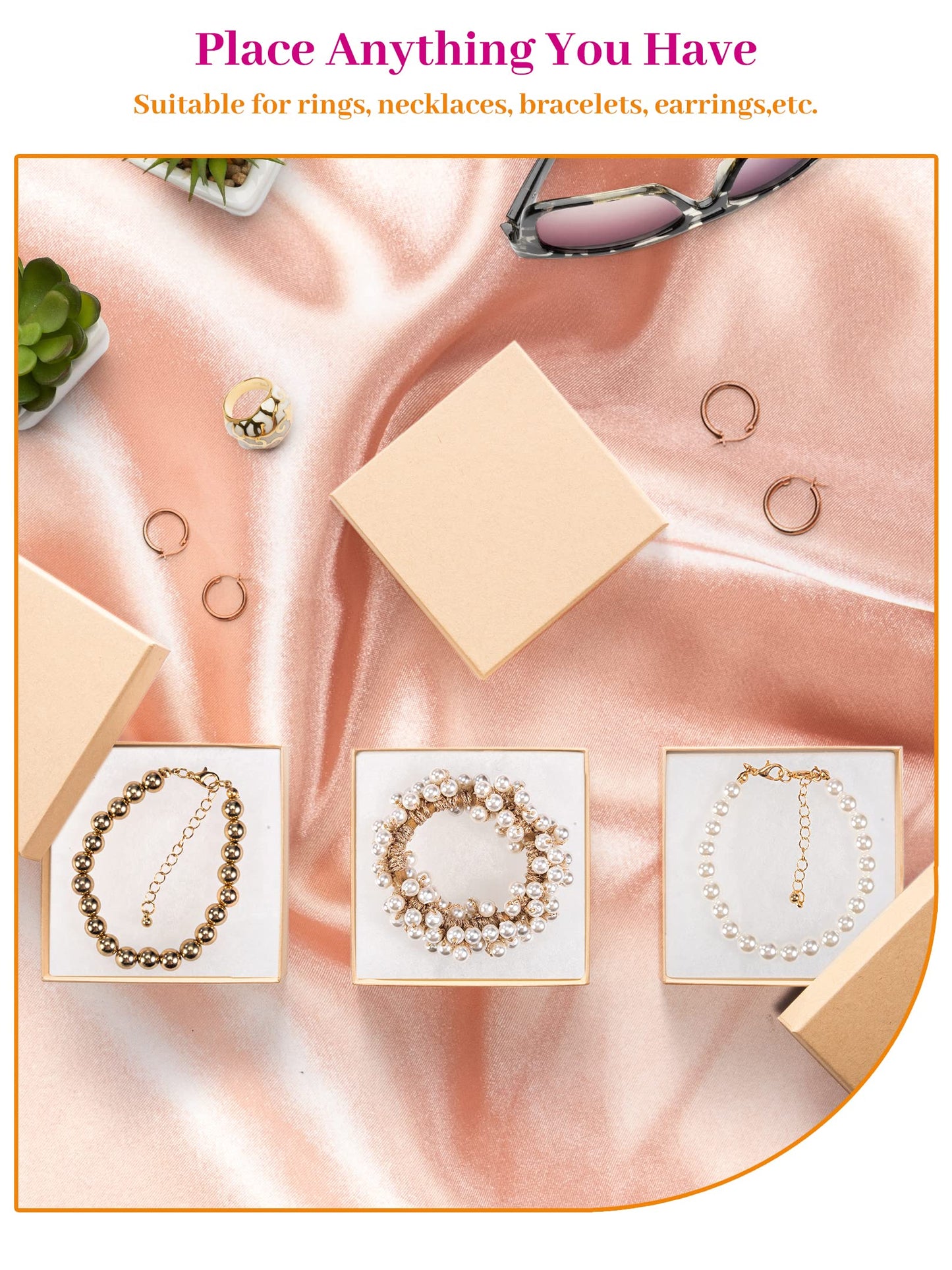 MESHA Jewelry Boxes Bulk 96PC, Matte Cardboard Gift Boxes, Cotton Filled Box with Lids, Brown 3.5x3.5x1 Inch, Bulk Square Small Kraft Gift Boxes