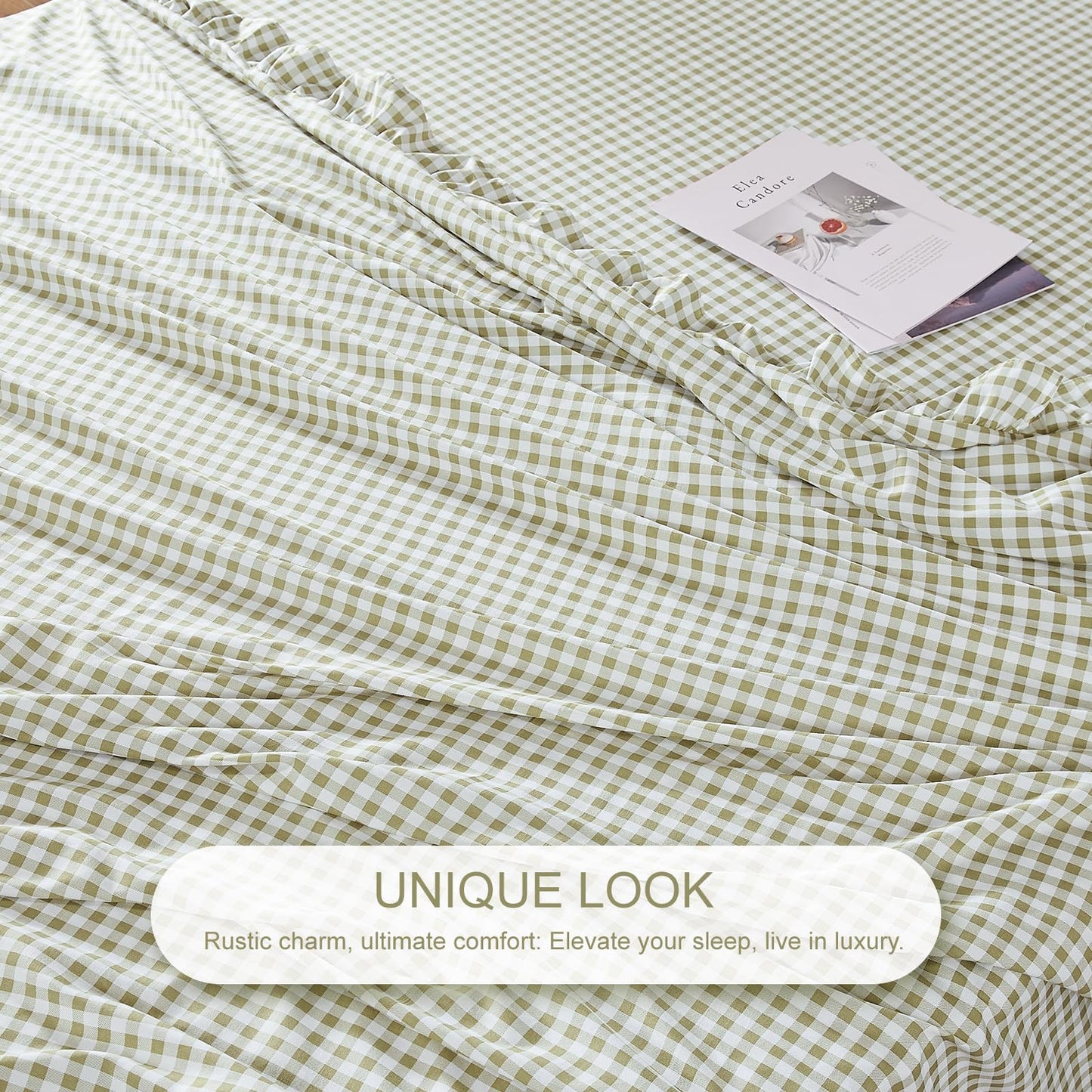 kisswish Gingham Queen Sheet Set, Lightweight Super Soft Brushed Microfiber Plaid Bed Sheets with 16" Deep Pocket, 4 Piece Ruffle Farmhouse Bedroom Decor, Sage Green