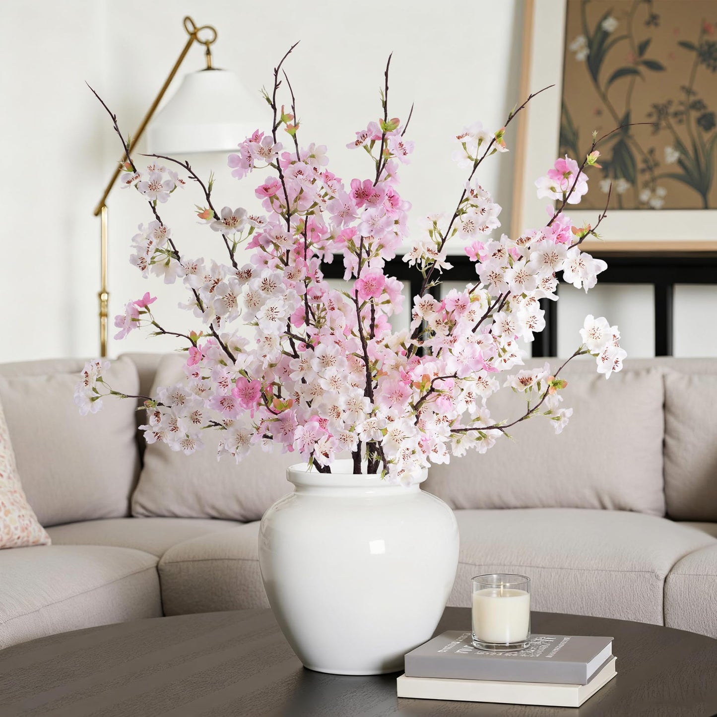 ENALGRE Artificial Cherry Blossom Branches 27.6In Silk Cherry Blossom Branches 8PCS Long Stem Artificial Flowers for Tall Vase, for Home Decorate, Weddings Decorate, Parties & Festival Gifts (White)