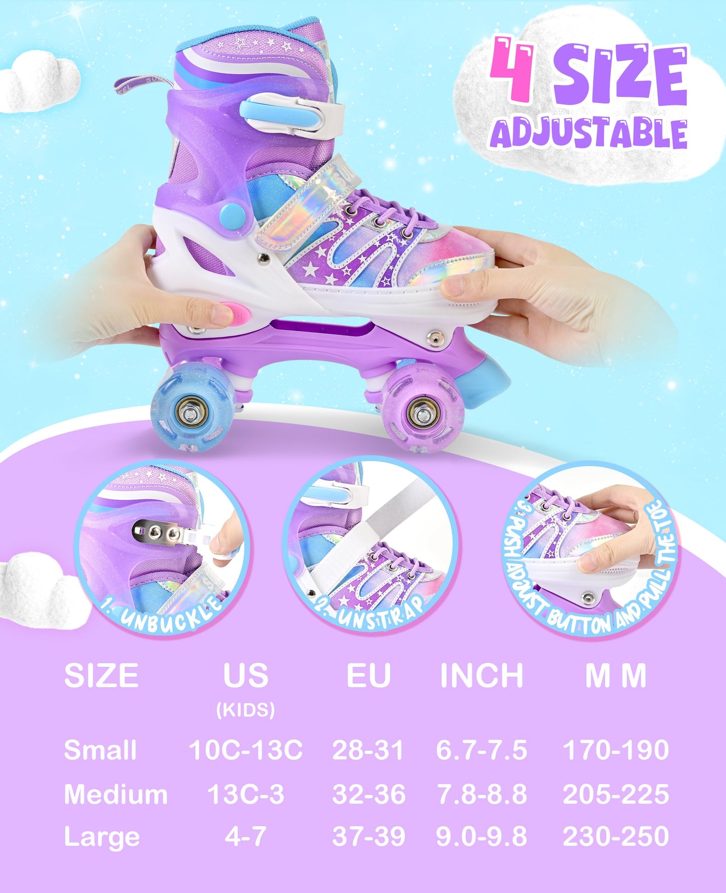 SULIFEEL Rainbow Tie-Dye Adjustable Roller Skates for Girls Kids Ages 3-5 5-8 6-12 Pink Purple Light Up Skate with Fluffy Pom Poms Triple Protection for Indoor Outdoor Skating