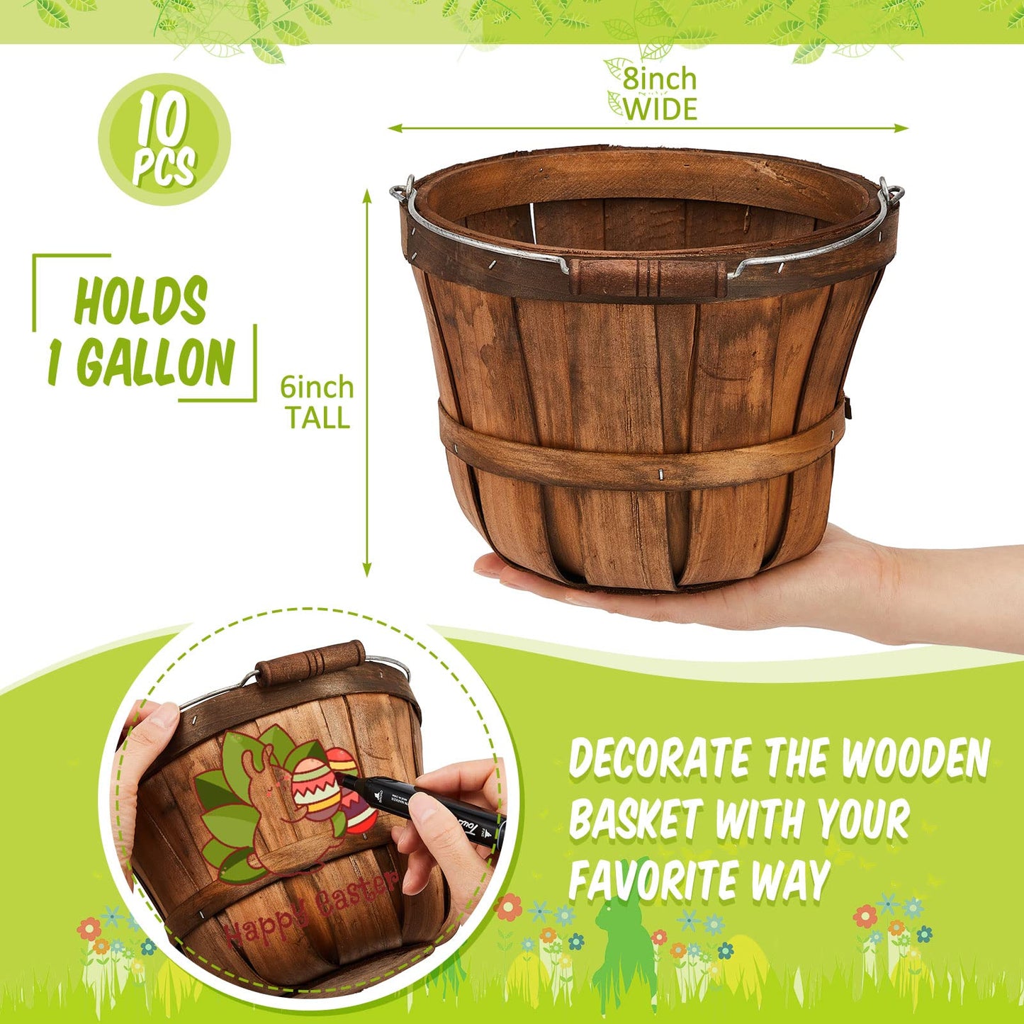 Marsui 10 Pcs 5.9 x 7.5'' Round Wooden Baskets Easter Portable Wood Fruit Buckets with Handles Garden Harvest Basket Fruits Vegetables Storage Container Party Supplies(Dark Brown)