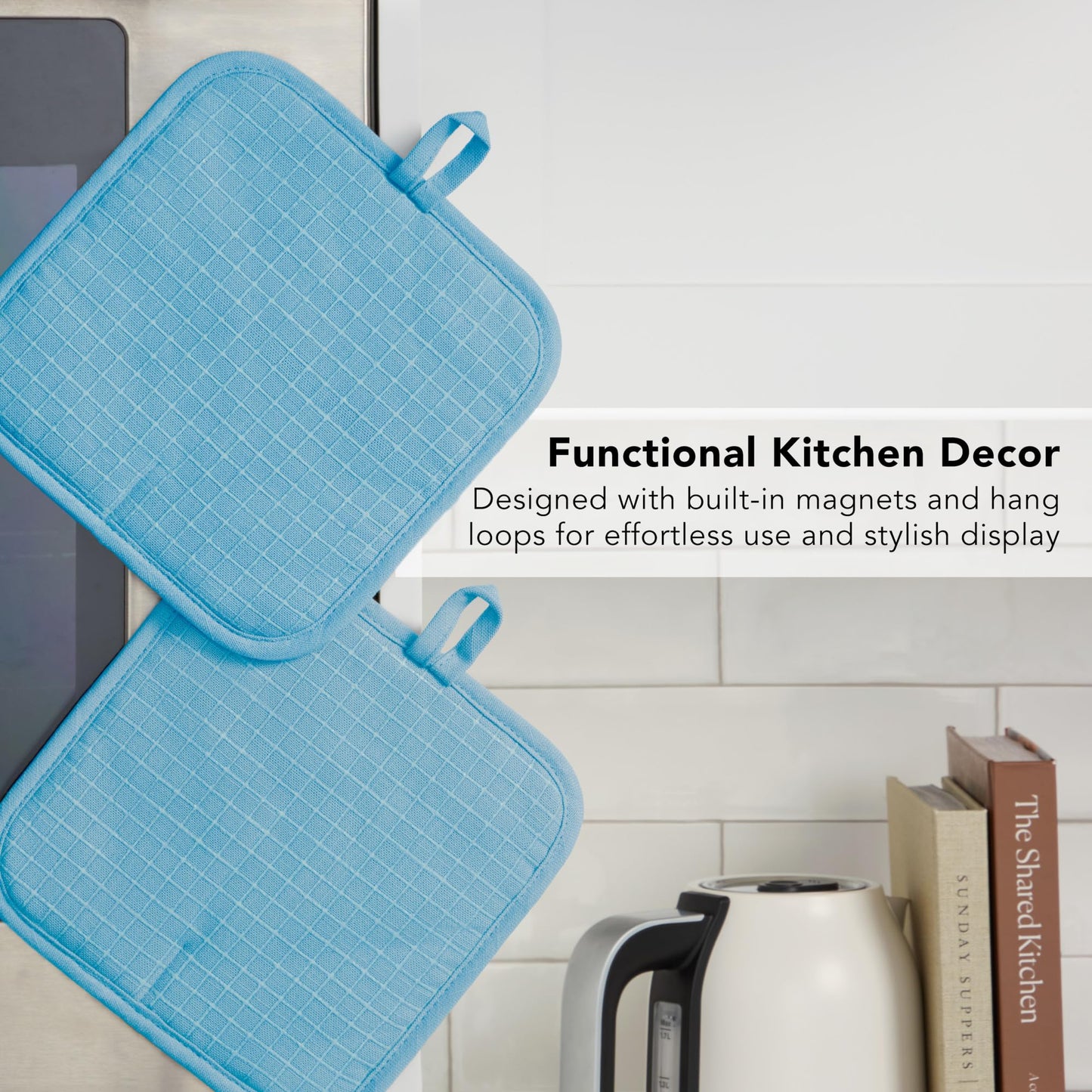 KITCHENAID Gourmet Series Gridlines Pot Holders 2-Pack Set, Heat Resistant up to 600°F, Soft Silicone Grip, Magnetic Cuff, Blue Velvet, 8"x8"