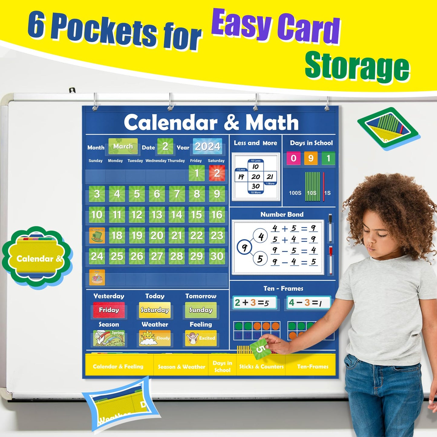 Quilinz Pocket Chart for Classroom,Toddler Preschool Classroom Math Calendar,Circle Time Learning Center,Math Manipulatives,Addition and Subtraction Games,Homeschool Supplies,Classroom Must Haves