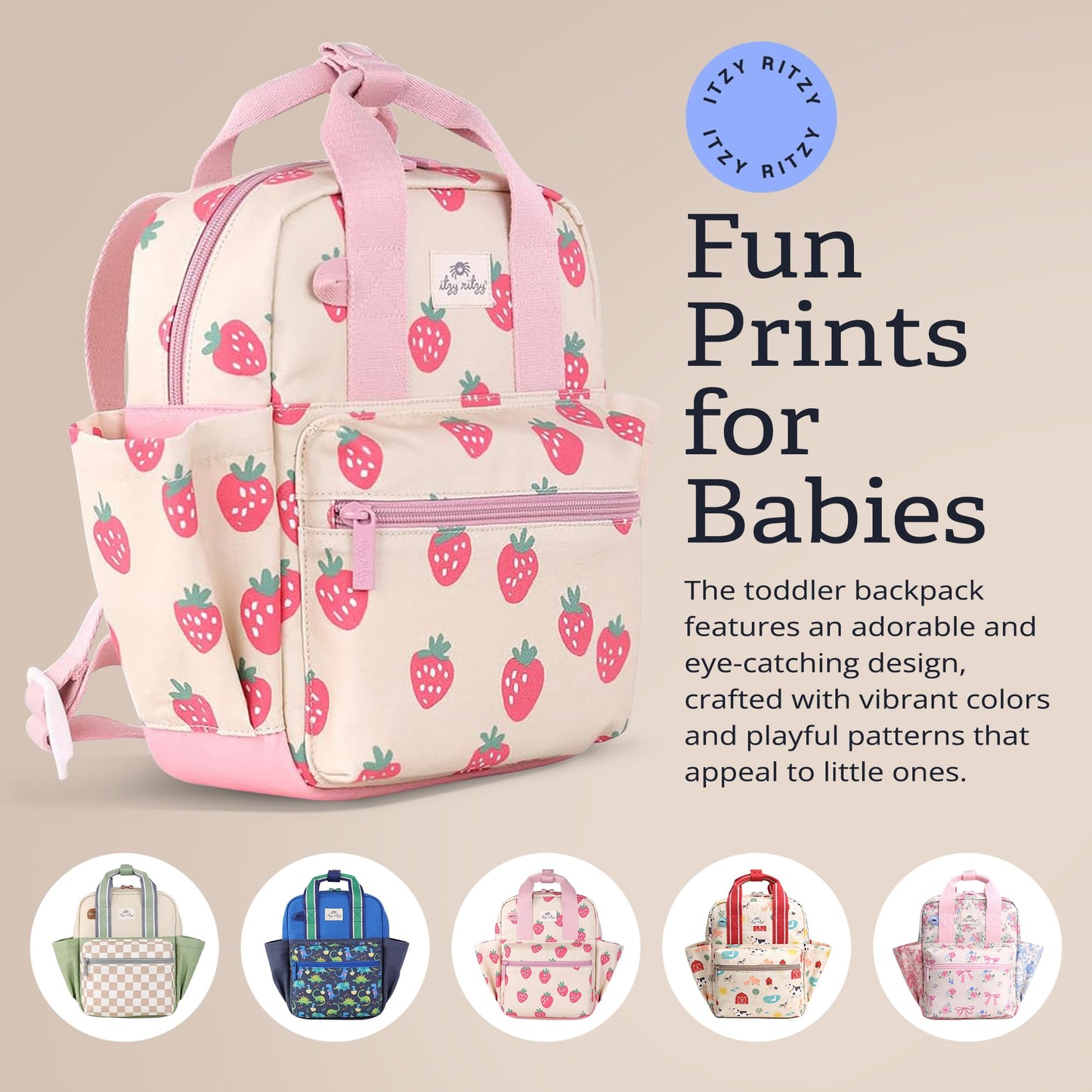 Itzy Ritzy Toddler Backpack - Daycare Bag - Features Adjustable Shoulder Straps, 2 Side Pockets & Spacious Interior with Wipeable Fabric Lining & Name Label, Strawberry Backpack