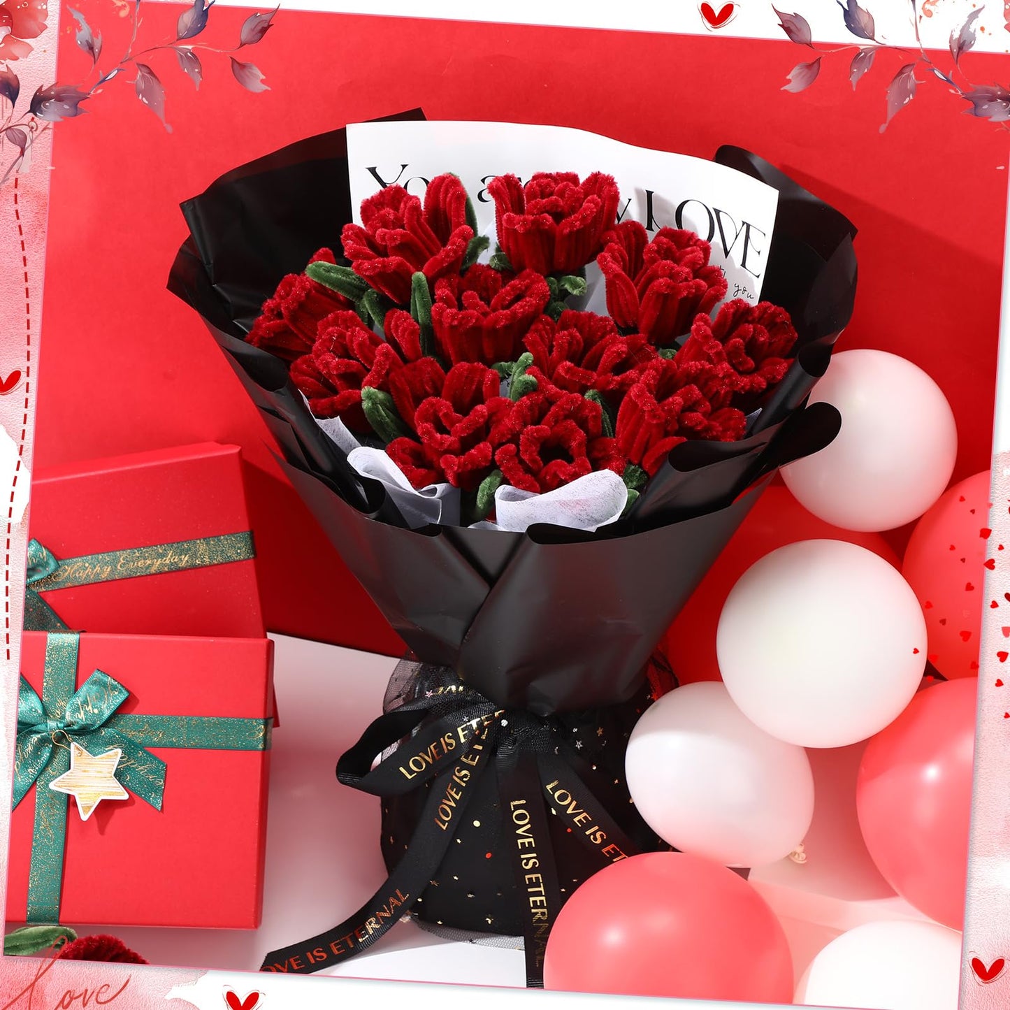 DaisyInner 500 Pcs Tulip Pipe Cleaners Flower Making Kit DIY Craft Supplies with Red & Green Chenille Stems, Floral Wires, Stamens, Glue Sticks for Handmade Bouquet, Art Projects, Home Decor