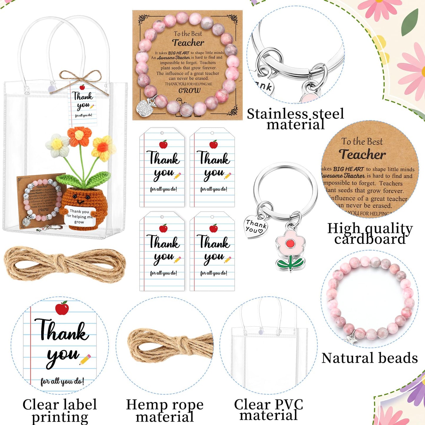 Wavwavw 4 Sets Teacher Appreciation Gifts Bulk Include Crochet Flower Dolls Thank You Crochet Gift Bracelets Keychains Appreciation Bags with Cards Tags End of Year Teacher Gifts(Puff Flower)