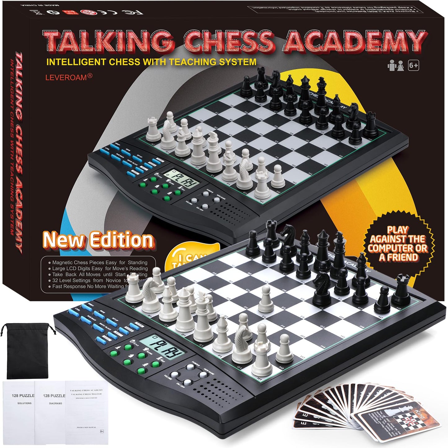 LEVEROAM Talking Chess Academy with Voice Teaching System, Electronic Chess Set with Strong Magnetic Pieces, Electronic Chess Board with Rating ELO 2000, Smart Chess Board Great for Brain Training