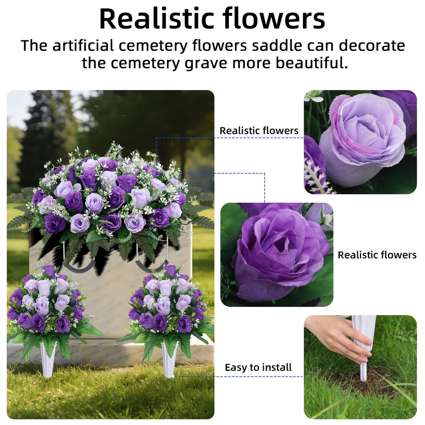 Lodou 3 Sets Cemetery Flowers for Grave,Headstone Flower Saddle,Grave Memorial Flowers with Vase for Cemetery Headstones Decoration(Purple)