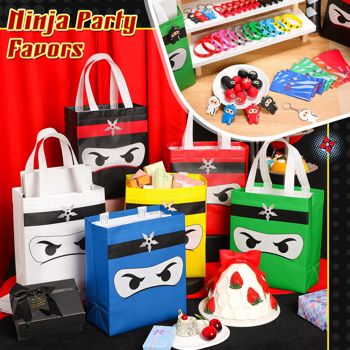 Seenelling 12 Guests 84 Pcs Ninja Party Favors Include Ninja Non Woven Bags Inflatable Toys Bouncy Balls Throwing Flying Slingshot Headbands Silicone Bracelets Keychains for Party Supplies