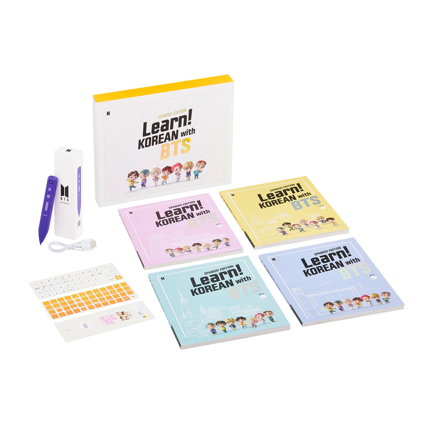Learn Korean with BTS Spanish Edition - Official BTS Merchandise, Kpop Merch, Gift Idea for BTS Fans, Basic Level Korean Learning Kit/All Ages (Kids to Adults), Includes MotiPen