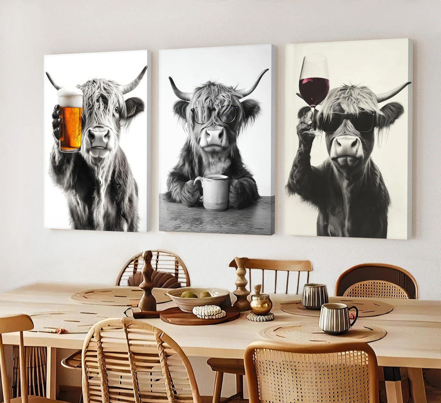 KKP Funny Highland Cow Wall Art Set of 3 - Canvas Prints Farmhouse Rustic Kitchen, Bar Cart & Dining Room Decor - Animal Lovers Home Decoration, Ready to Hang Gallery Wall Art