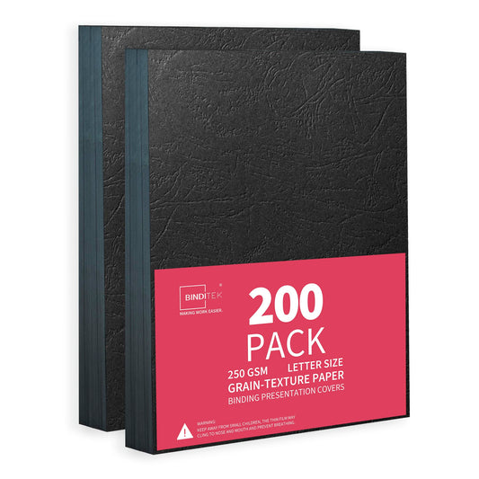 Binditek 200 Pack 13 Mil Grain-Texture Paper Binding Presentation Covers, 8.5 x 11 Inches, 250 GSM, 90lb, Un-Punched, Letter Size, Black, Office Supplies