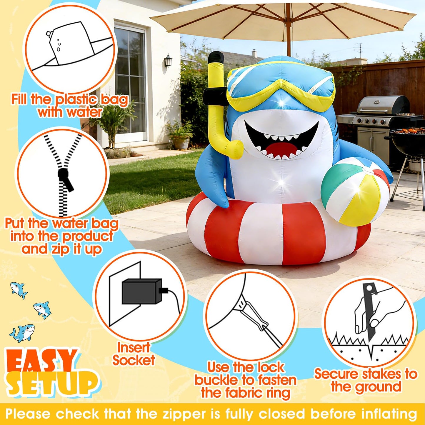 4FT Inflatable Shark with Beach Ball for Summer Outdoor Decor, Blow Up Shark Built-in 3 LED Lights for Beach Pool Ocean Party Decorations, Birthday Party Supplies, Yard Garden Indoor Photo Backdrop