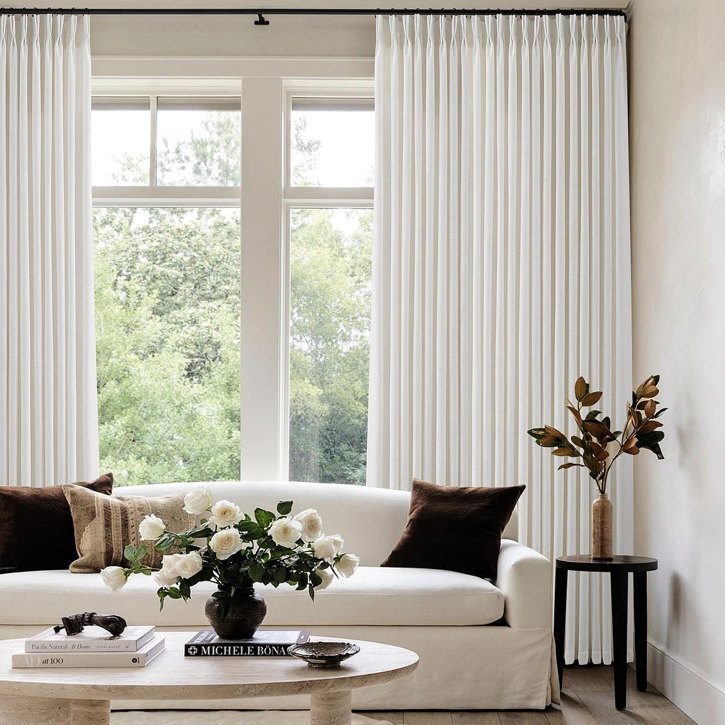 Pinch Pleated Linen Curtains 90 Inches Long for Living Dining Room Bedroom 2 Panel Set Natural Cream Birch Pinch Pleat Curtain 90 Inch Neutral Boho Floor to Ceiling Curtains Semi Sheer Linen Drapes