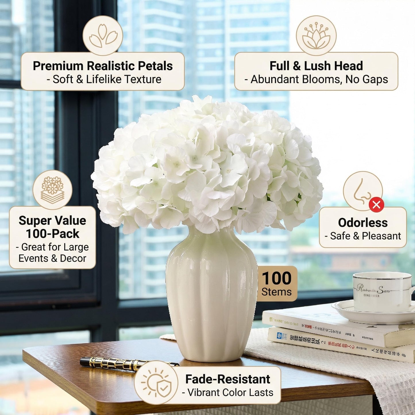 KISLOHUM 100 PCS Ivory Hydrangea Artificial Flowers, Faux Hydrangea Flowers Silk Full Flowers Heads with Stems for Wedding Centerpieces, Home, Garden, Baby Shower, Party Decoration