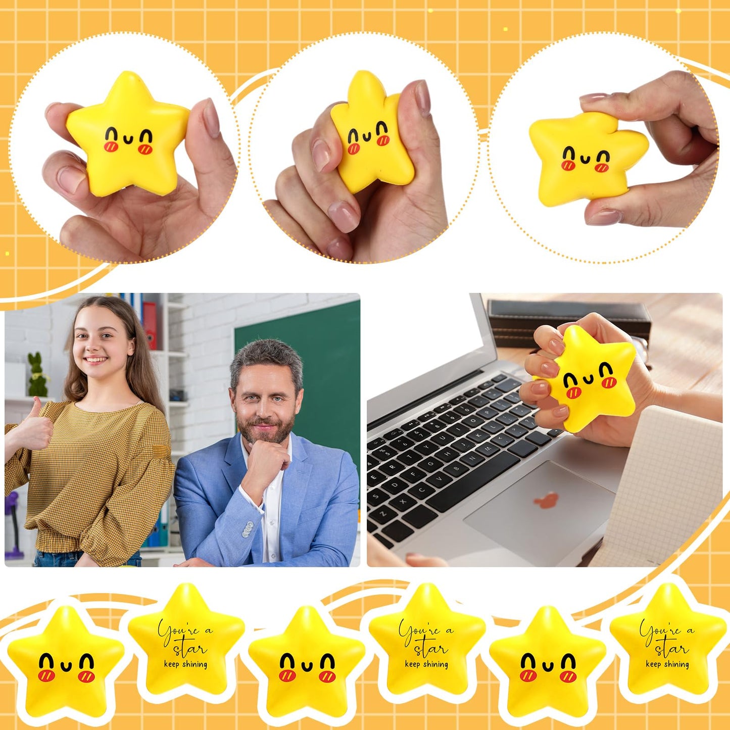 Libima 30 Pcs Inspirational Stress Balls Team Gift Thank You Teacher Appreciation Positive Gift Funny Relief Ball with Cards Bags Elastic Relief Dietitian for Coworker Staff (Star)