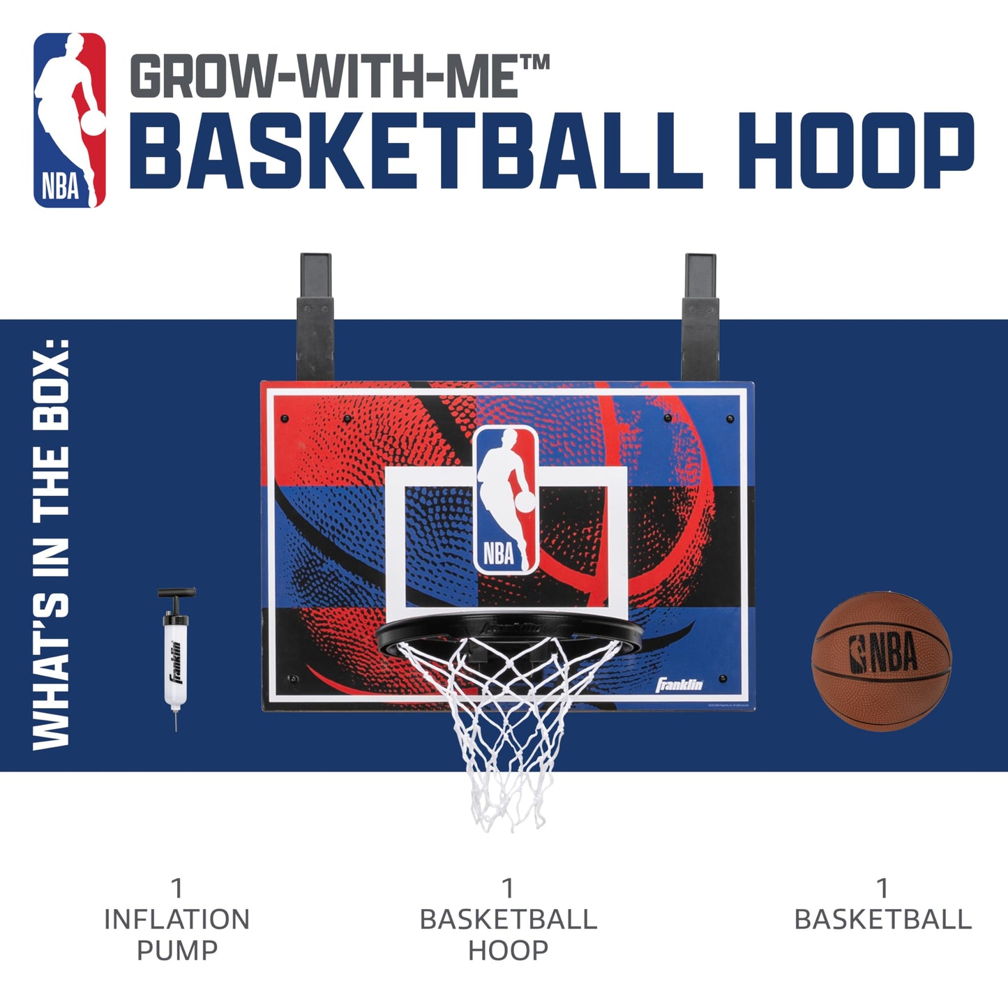 Franklin Sports NBA Grow-with-Me Kids Mini Basketball Hoop Set - Over the Door Indoor Hoop for Kids - Includes (1) Adjustable Height Basket, (1) Mini Youth Basketball + Air Pump - Ages 3+