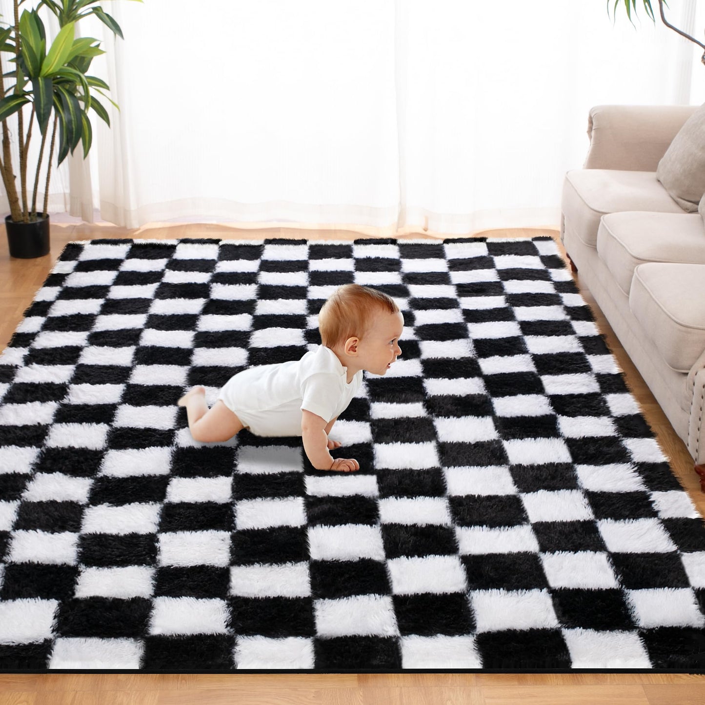 Super Soft Rug for Bedroom, 8x10 Ft Black and White Area Rug Classic Checkered Shaggy Anti-Skid High Pile Soft Fluffy Rug Fuzzy Carpet for Living Room Bedroom Kids Room Nursery, Dorm Home Decor