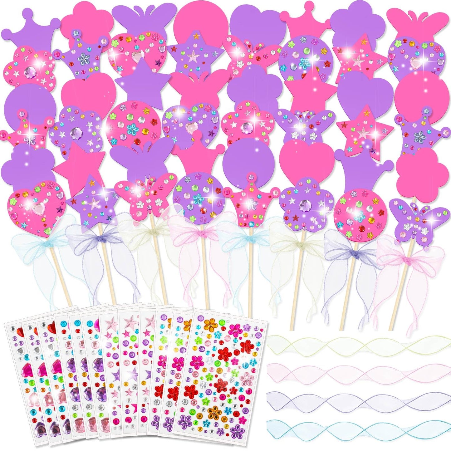Juexica 48 Pcs DIY Princess Fairy Wands Kit Include Fairy Wands, Gems Stickers, Ribbons, Unfinished Make Your Own Wooden Princess Wand Kit for Birthday Party Supplies Craft Gifts