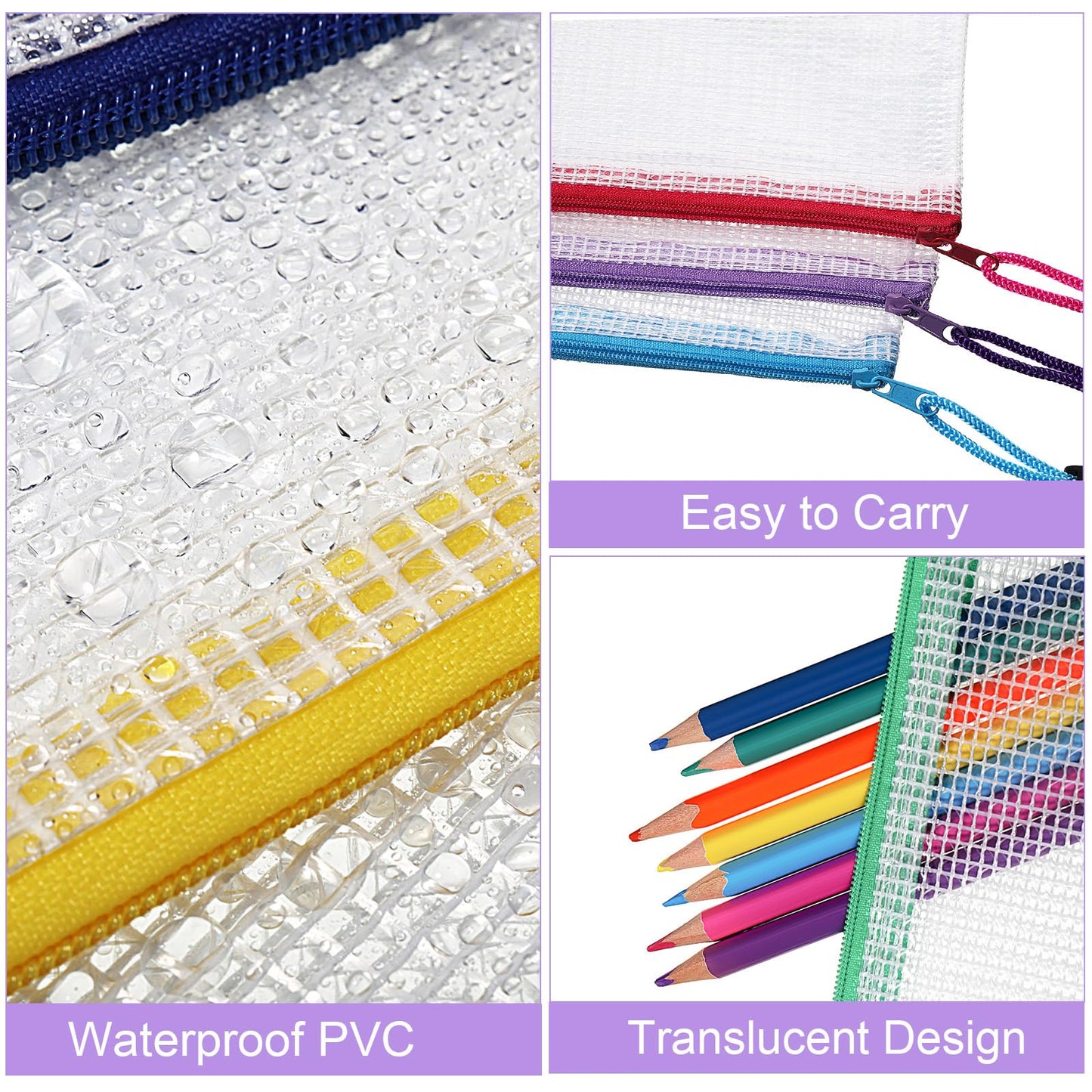 Bokon 200 Pcs 9.45 x 4.5'' Mesh Zipper Pouch Bulk 10 Colors Pencil Pouch Bulk Waterproof Clear File Bags Plastic Pencil Bags for School Travel Cosmetics Office Organizer