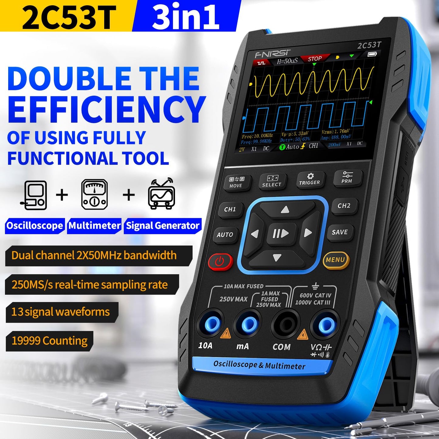 2C53T 3-in-1 handheld oscilloscope multimeter DDS generator, 2 channel, 50MHz bandwidth, 250MSa/s sampling rate, 20,000 calculations, voltage, current, capacitance, resistance, 2* P6100 probes