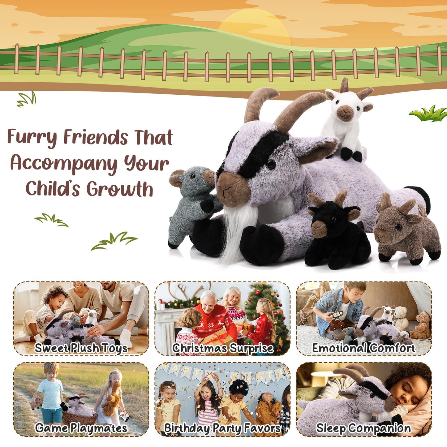 HyDren 5 Pcs Goat Plush Toy Set 18 Inch Mommy Goat Stuffed Animal with 4 Stuffed Kids in Zippered Tummy Soft Plushies for Children's Day Gifts Birthday Farm Party Decors Sleeping Companion