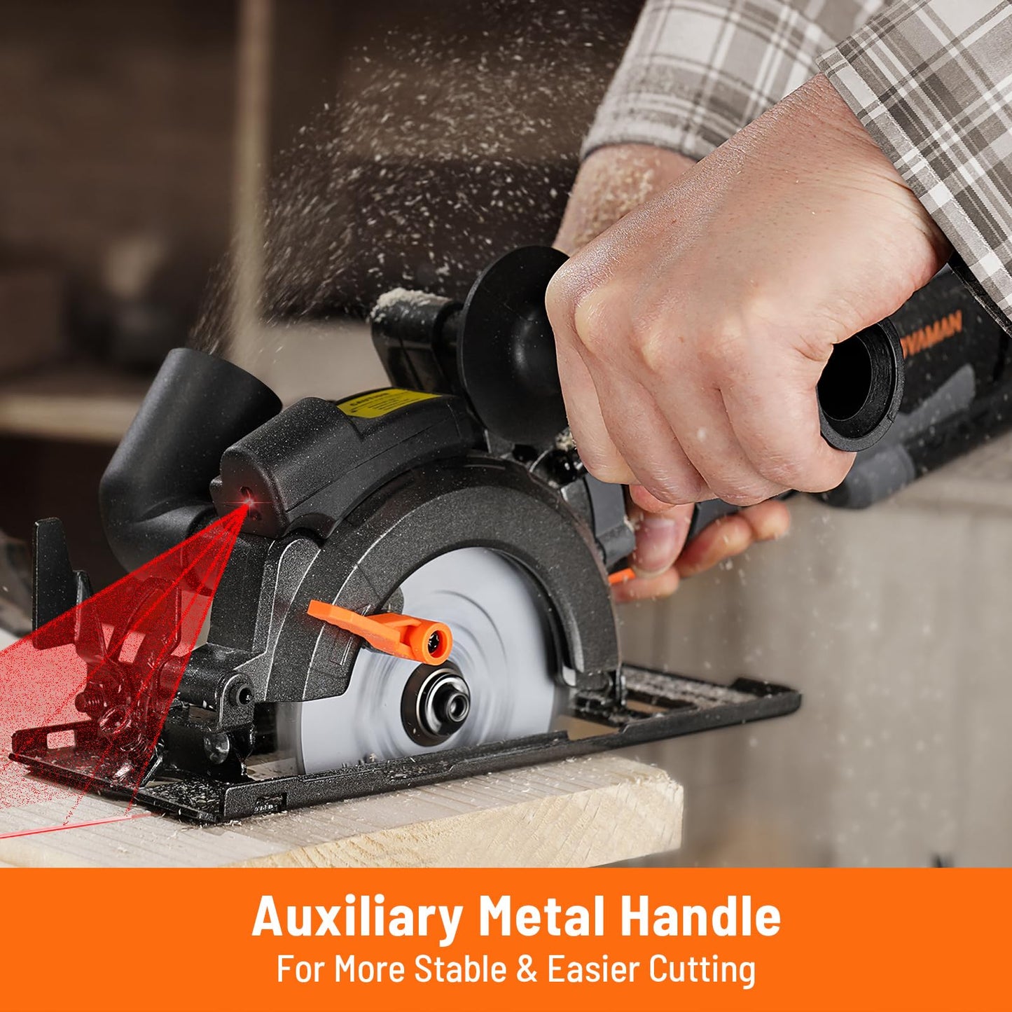 DOVAMAN Circular Saw, 5.8A 4-1/2" Circular Saw w/Laser, Metal Auxiliary Handle, 6 Blades (4½", 4¾"), Cutting Depth 1-11/16" (90°), 1-3/8" (45°), Ideal for Wood, Soft Metal, Plastic, Tile - MCS01A