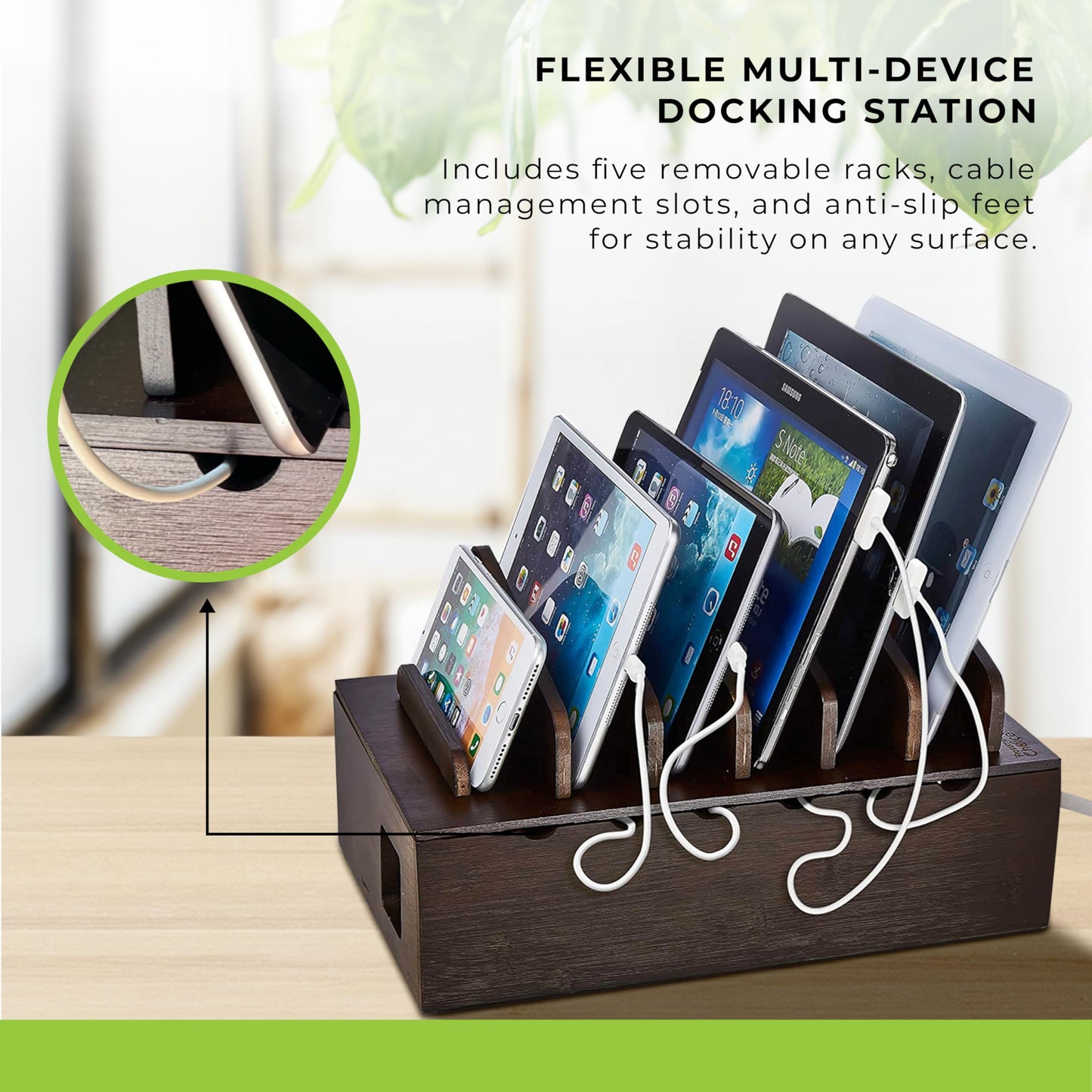 Prosumer's Choice Multi Device Charging Station for Multiple Devices - Wooden Desktop Organizer with Holder for Phones and Tablets - Elegant Desk Organizer for Home and Office, 6 Device Charging Dock