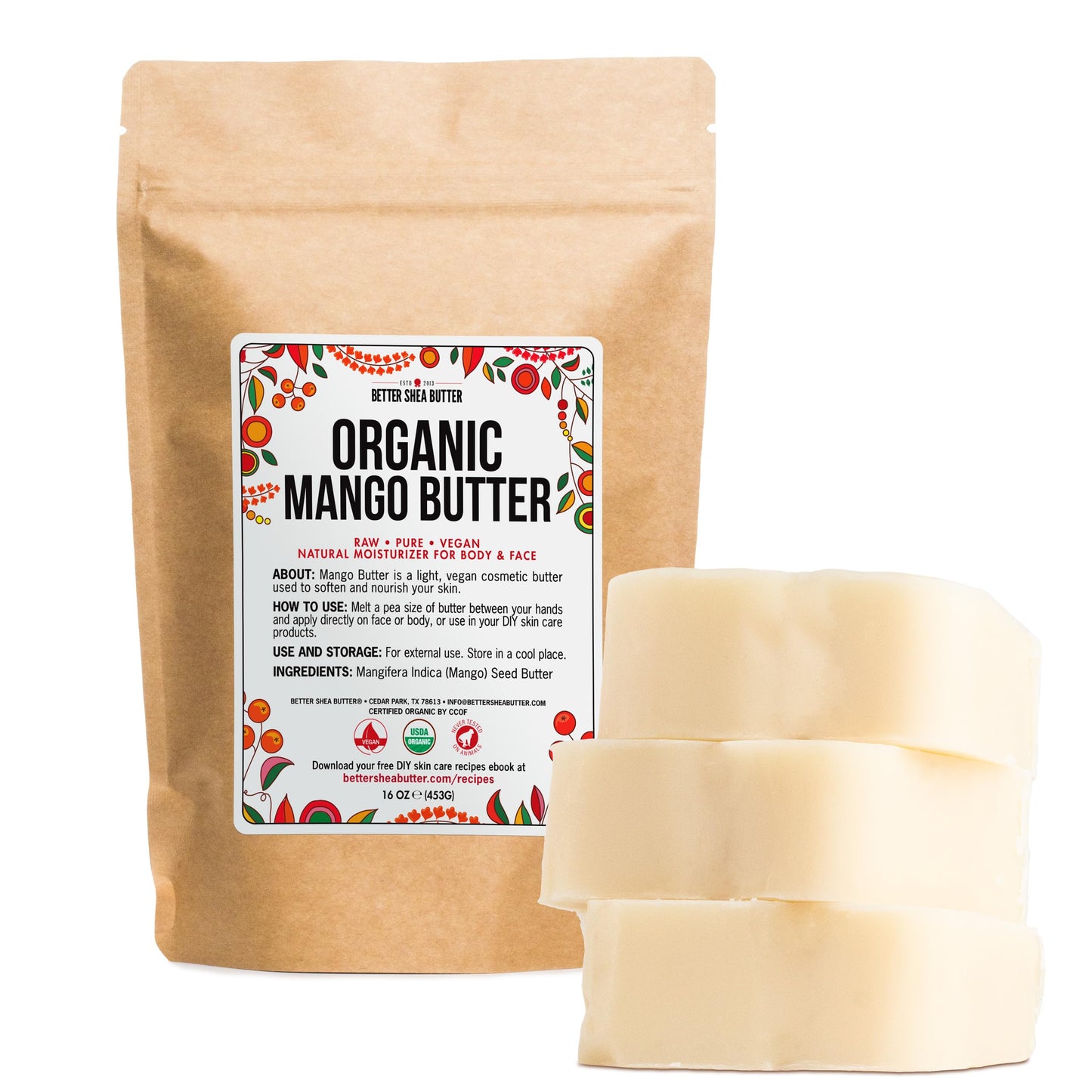 Organic Mango Butter 1lb - Raw Organic Unrefined Mango Seed Butter for Skin Care, Body Butter & Hair - Pure Mango Butter Cold Pressed for Soap Making, Mango Lotion | Natural Skin Moisturizer