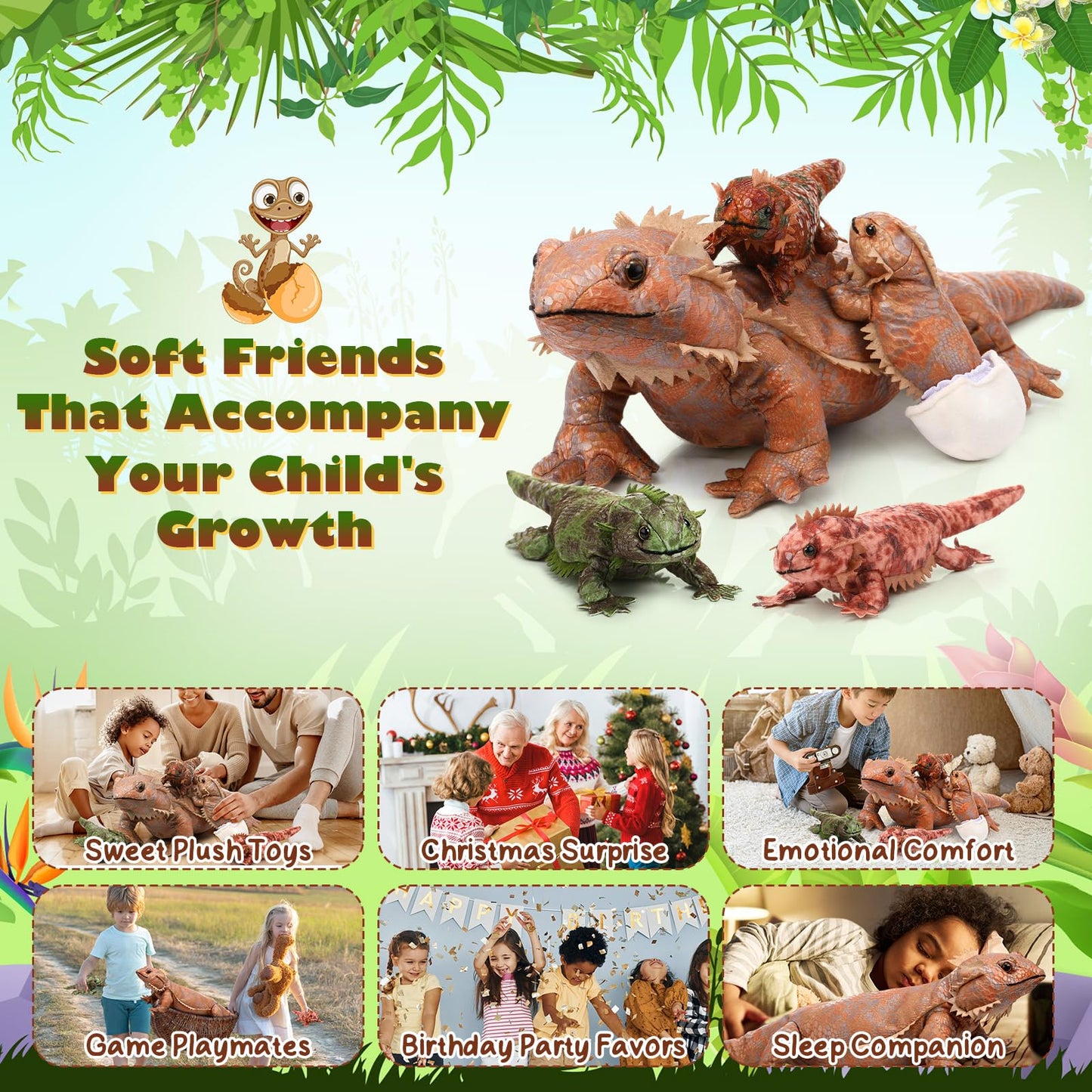 Lenwen 5 Pcs Bearded Dragon Stuffed Animal Set 26 Inch Large Lizard Iguana Plush Toy with 4 Baby Lizards, Simulation Bearded Dragon Plushies for Boy Girl Birthday Pet Party Favor Decors