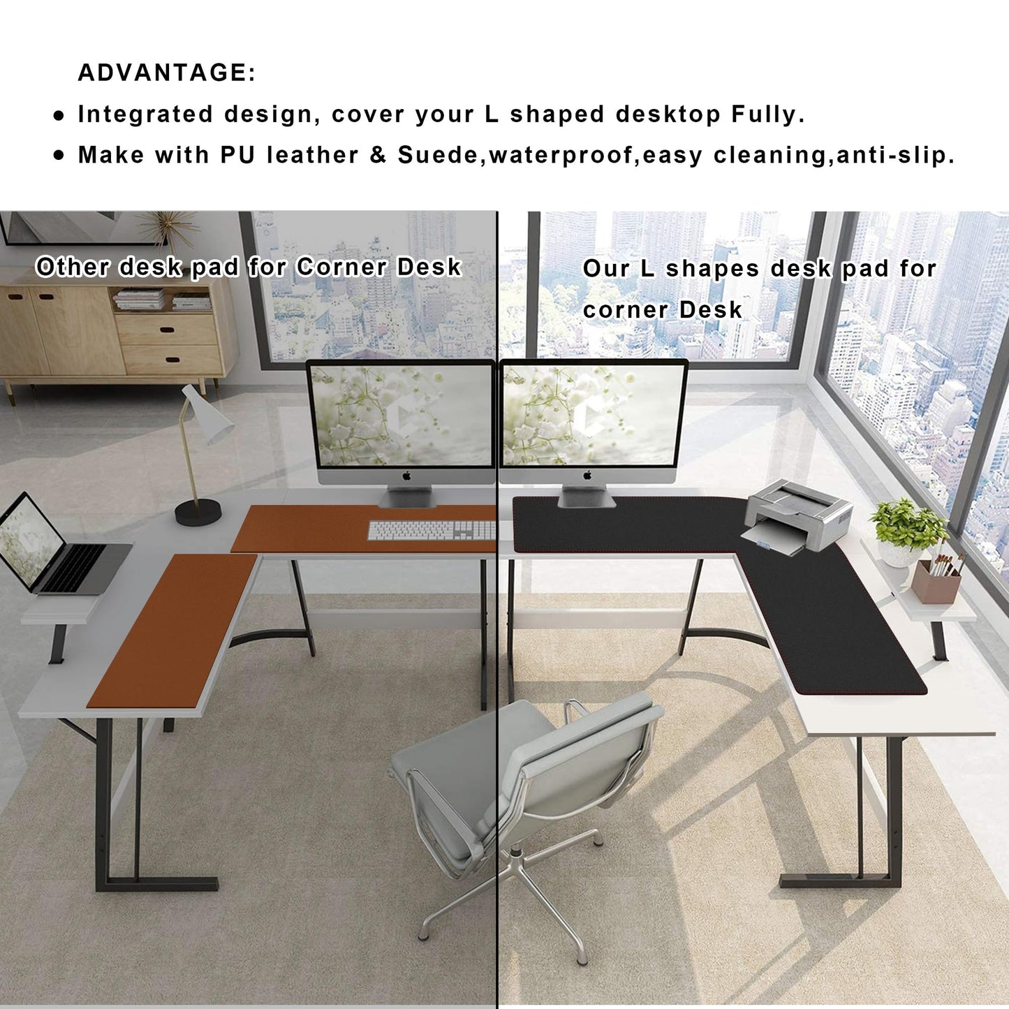 ZORESYN 63" L-Shaped Gaming Desk Mat Mouse pad, Computer Corner Desk Pad, Home Office Writing Desk Pad Protector, Large Waterproof PU Leather Corner Mousepad - Black, (157+160) x50cm