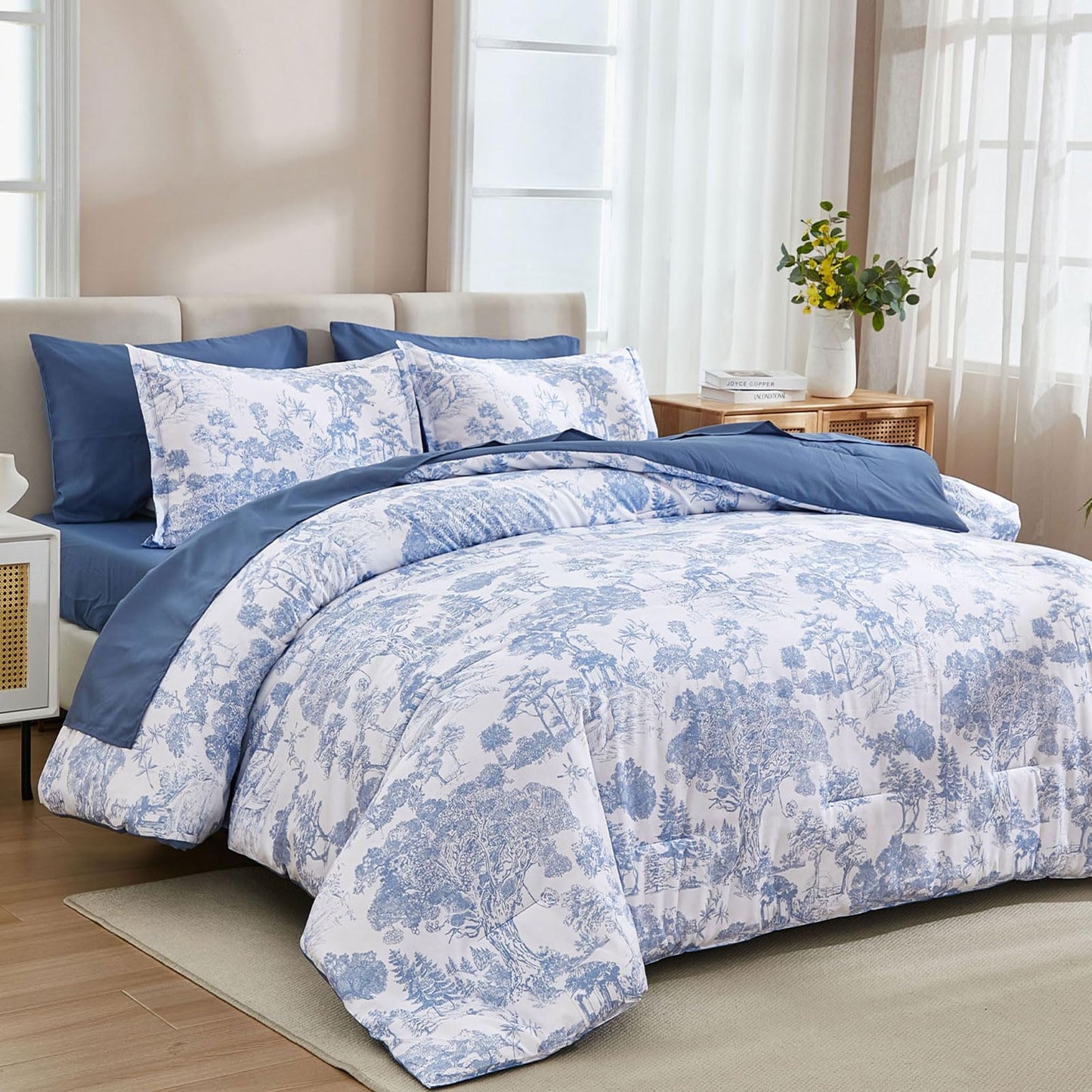 DJY Blue Comforter Set Queen, 7 Pieces Bed in a Bag Queen Size Botanical Comforters with Sheets Elegant Plants Print Soft Microfiber Reversible Complete Bedding Sets for All Season