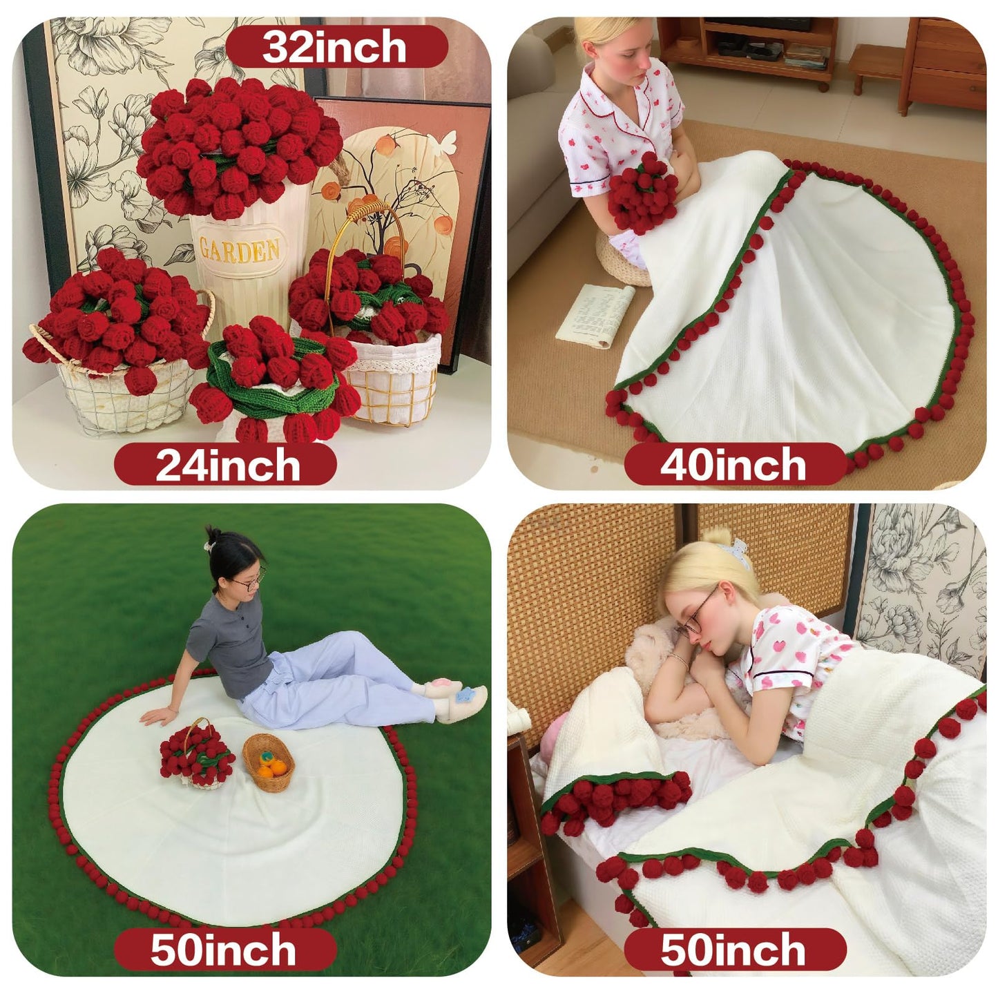 SoffMoiis Crochet Flowers Bouquet Blanket, Handmade Rose Blanket, 59 Inch Round Floral Soft and Romantic Gifts for Birthday, Mother's Day, Valentine's Day, Home Decor, Bed, Sofa