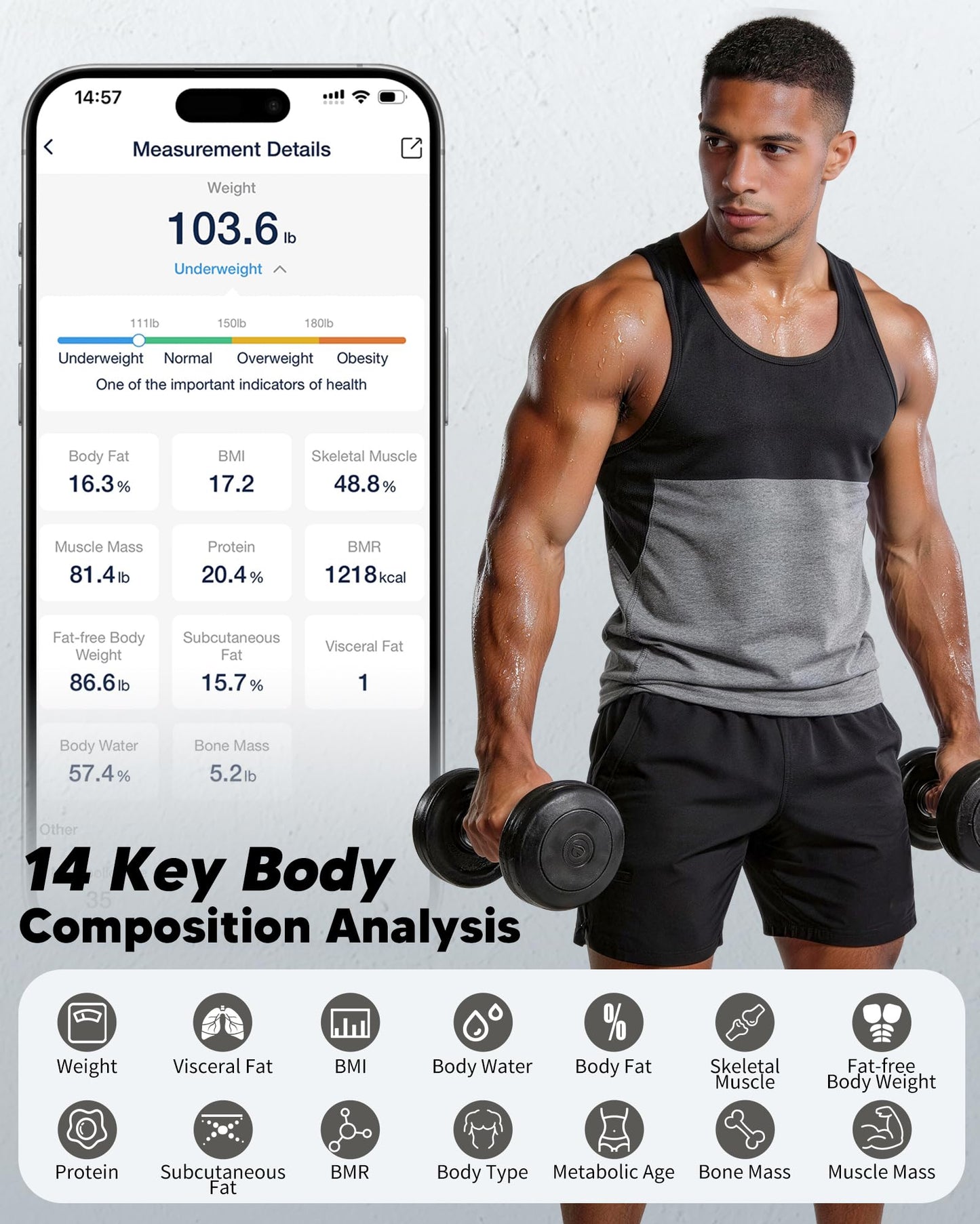 GE Smart Body Weight Scale, with 8-in-1 Display for BMI Body Fat Muscle Mass, Digital Bathroom Bluetooth Scale, 14 Composition Analyzer for Health Monitoring, 11.8", Accurate 400lb Weighing, White