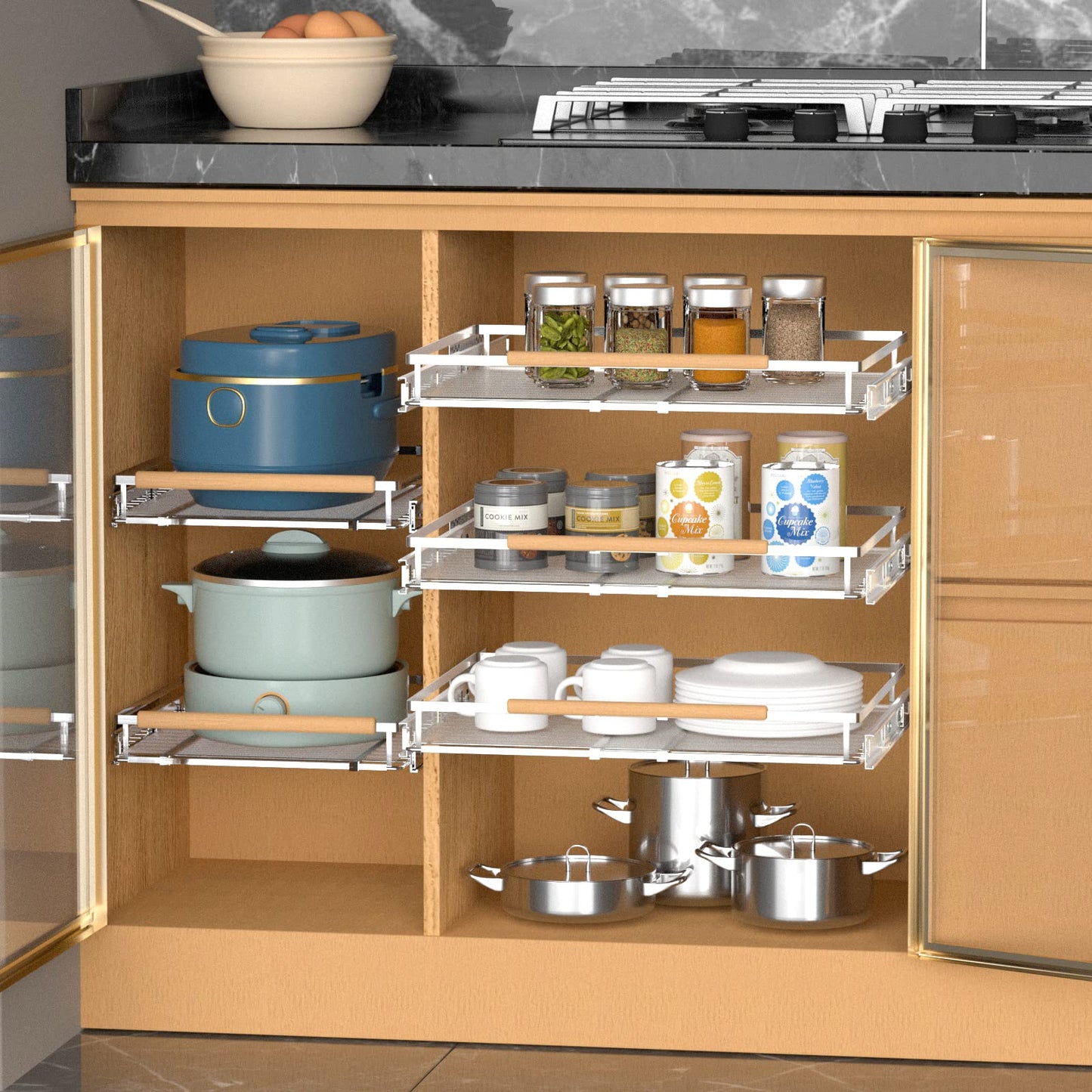 KIKIBRO Pull Out Drawer Cabinet Organizer, Expandable Slide Out Storage Shelves - Heavy Duty, Durable and Smooth Slide-Out, Opening Size Required 16.3"~26.3" 2 Pack
