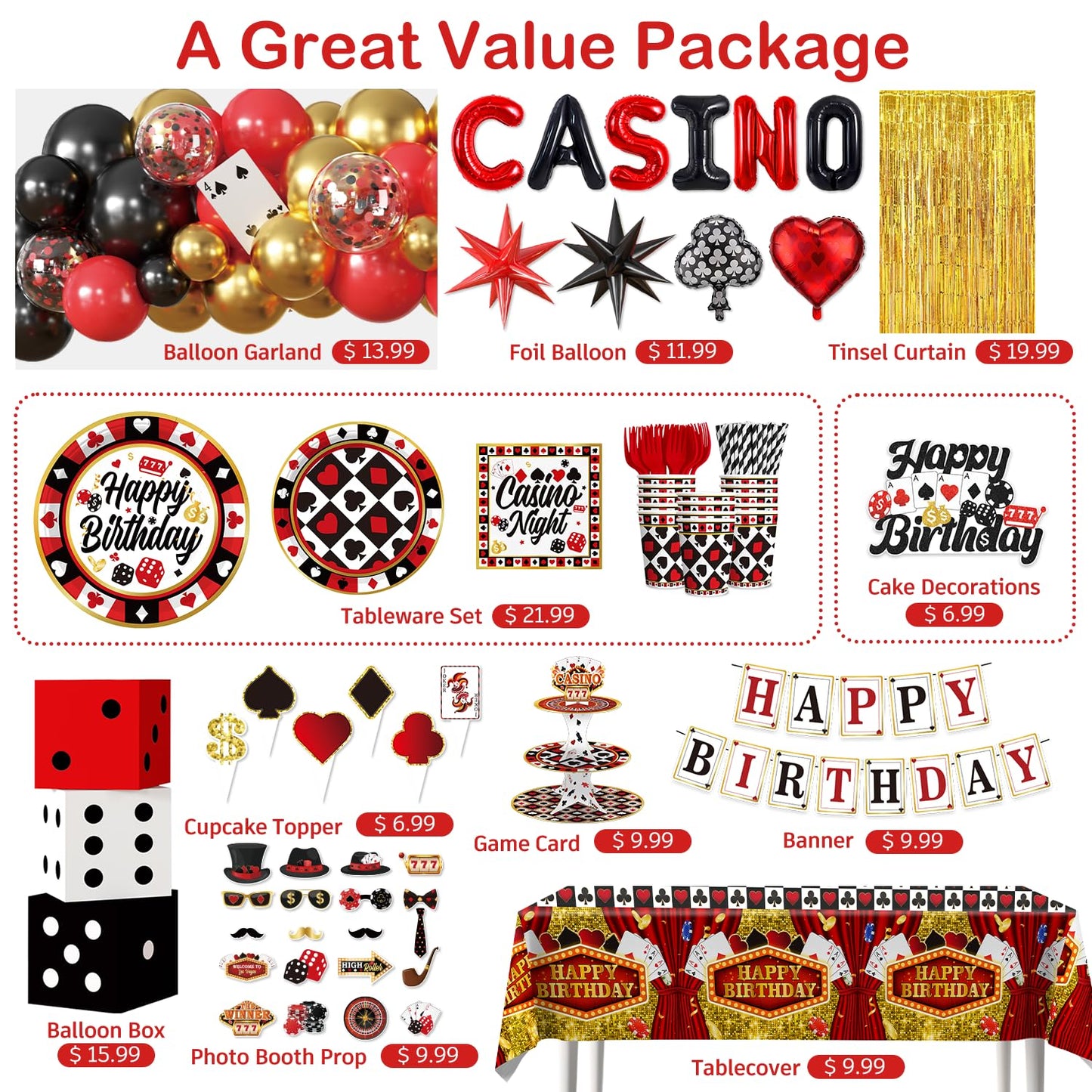 337Pcs Vegas Themed Party Decorations Serves 25, Casino Theme Party Supplies with Banner, Dice Boxes, Cupcake Stand, Photo Booth Props and Balloons for Poker Party Decorations and Game Night