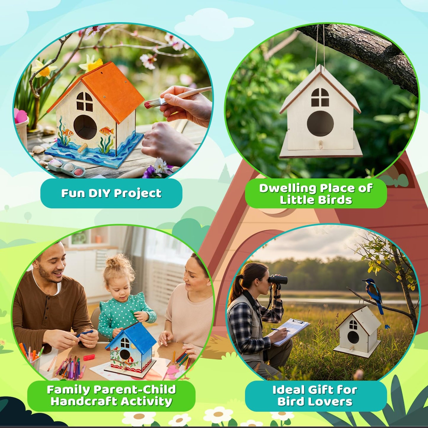 Entallor 6 Pack Wooden DIY Birdhouse Kit, Thickened Wood Bird Home for Kids Adults All-in-One Bird Crafts with Screwdrivers, Nails,Hemp Ropes for Backyard Indoor Outdoor