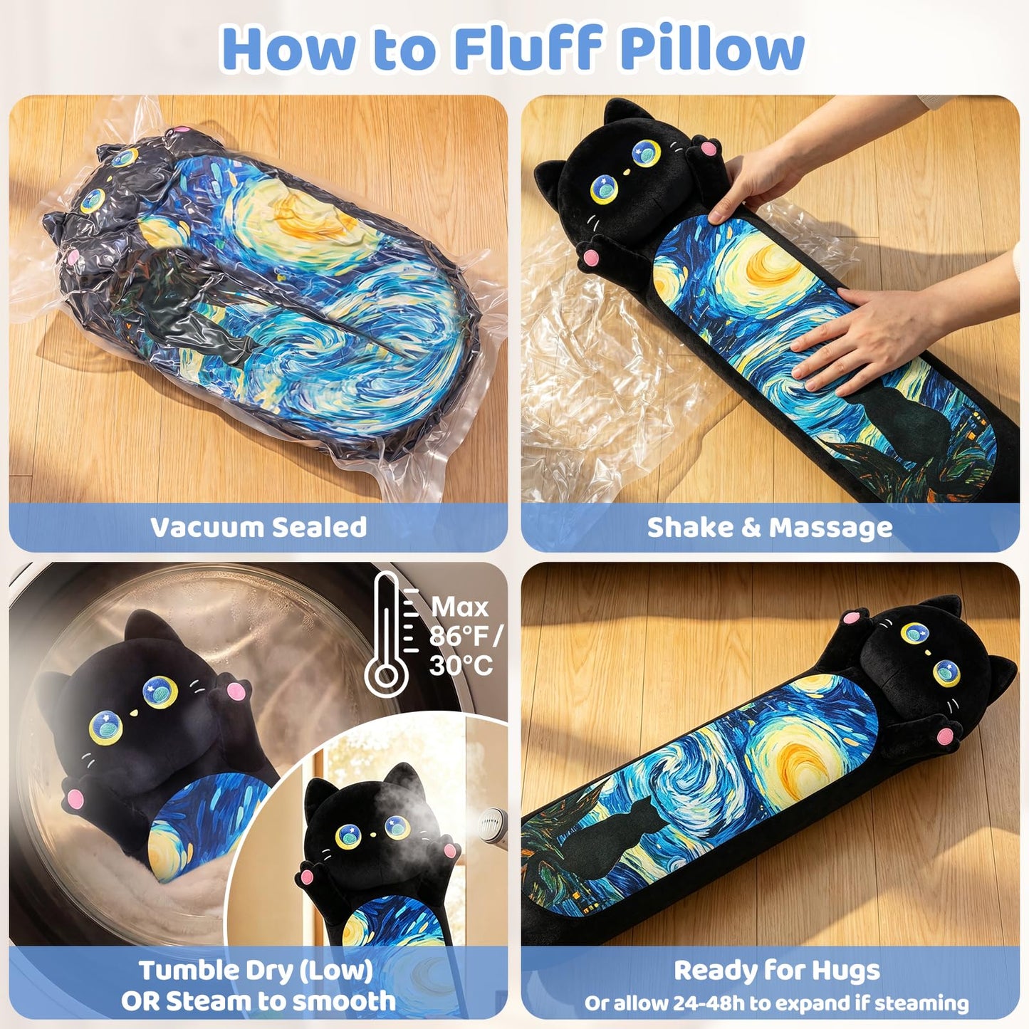 Mewaii Long Cat Plush Body Pillow, Cute Cat Plush Animals Kawaii Soft Plushies, Kitten Plush Pillow Gift for Girls Boys (Blue Starry Cat 53 Inch)
