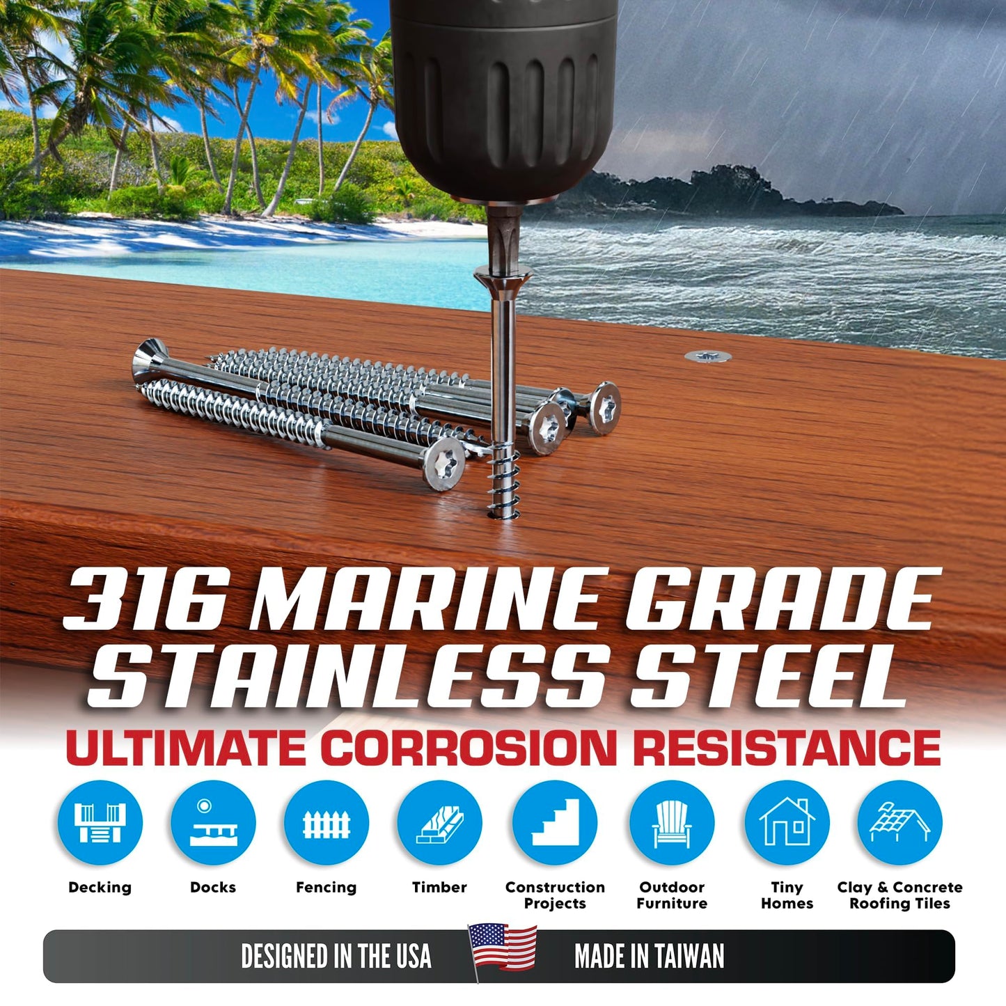 #10 x 2 1/2 Inch 316 Stainless Steel Screws Marine Grade (350 Pack, T25 Star) | Stainless Steel Wood Screws w/Driver Bit by Eagle Claw Fasteners | High Corrosion Resistance for Coastal Construction