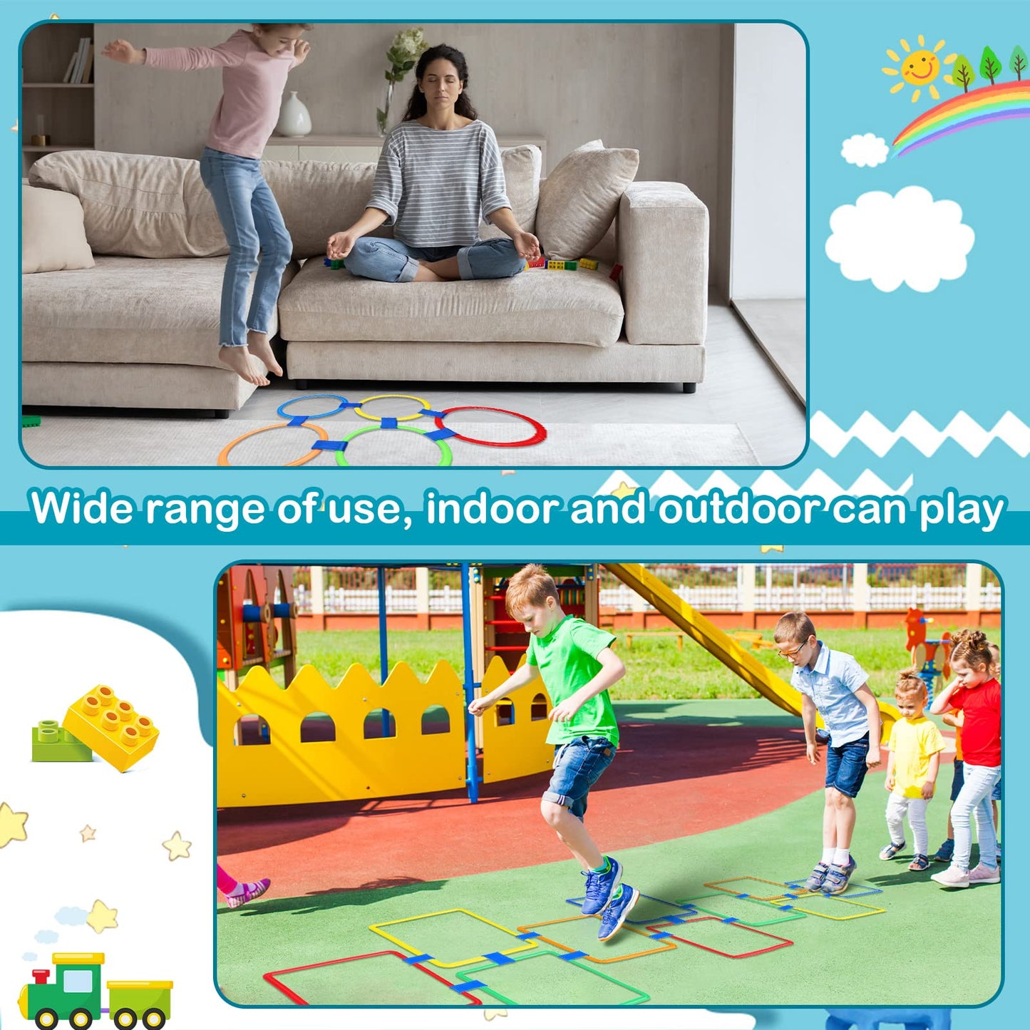 Hopscotch Squares Set Hopscotch Ring Game with Hoops Squares Connectors Outdoor Indoor Obstacle Course for Kids Playground Balance Agility Training Equipment Fun Play (Hoop, Square, 11 Inch, 15 Inch)