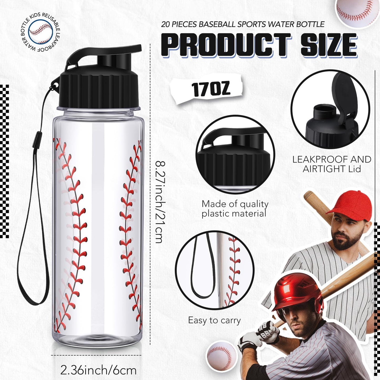 Mifoci 20 Pieces Sports Water Bottle Bulk 17 oz Reusable Plastic Biking Water Bottle Tumbler Adults Reusable Large Bottles with Leak Proof Flip Top for Party Outdoor (Baseball,White)