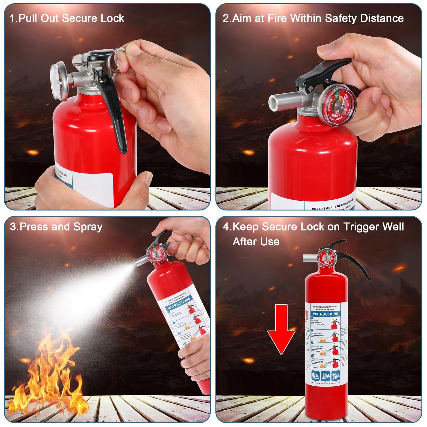 4 Pack ABC Dry Chemical Fire Extinguishers, 2.5 lb 1A:10B:C Rating for Home, Car, Boat, Quick Release Handle, Compact & Portable Dry Powder extinguisher