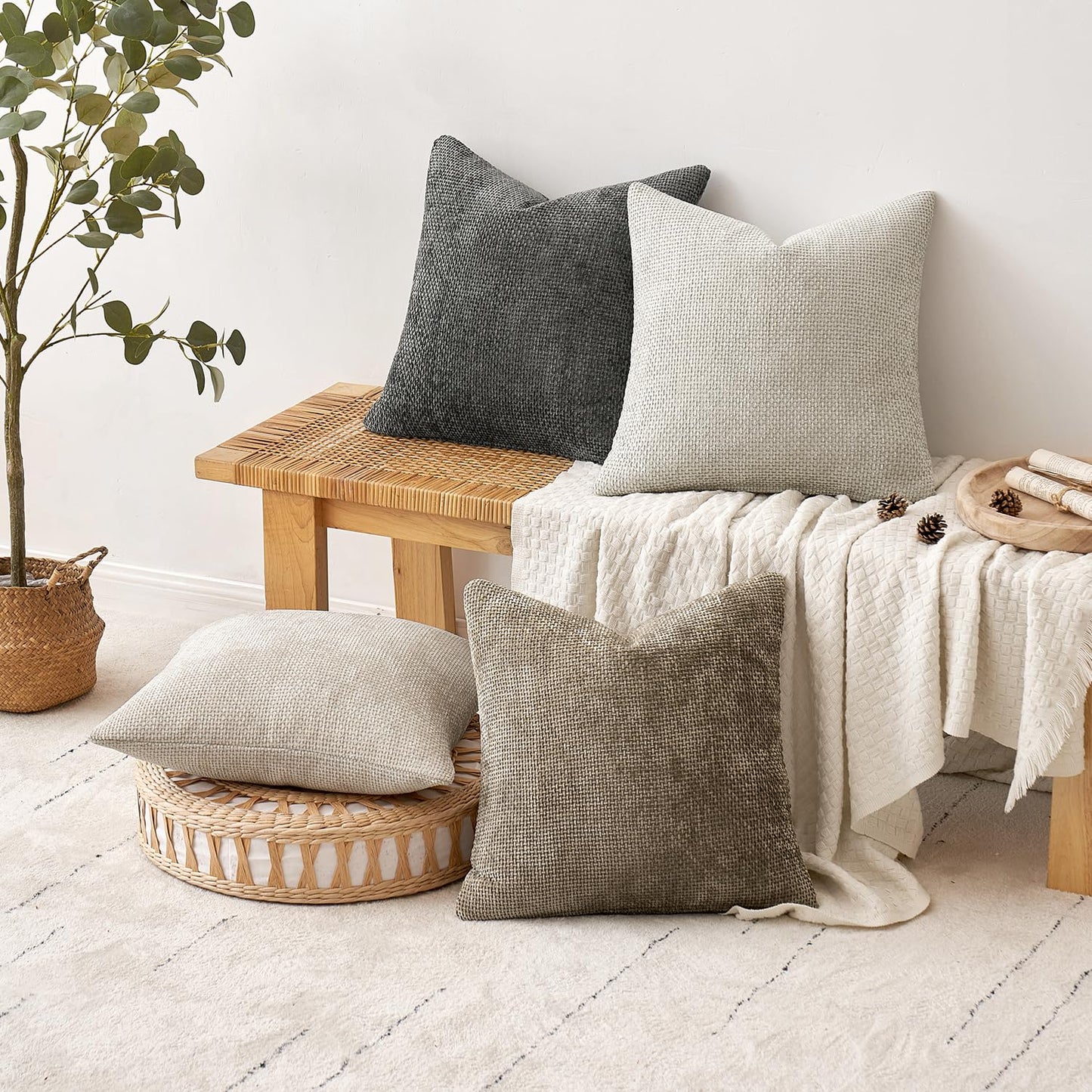 MIULEE Pack of 4 Couch Throw Pillow Covers 24x24 Inch Neutral Soft Decorative Chenille Pillow Covers Farmhouse Boho Accent Cushion Covers for Mid Century Modern Spring Decor Sofa Bedroom Living Room