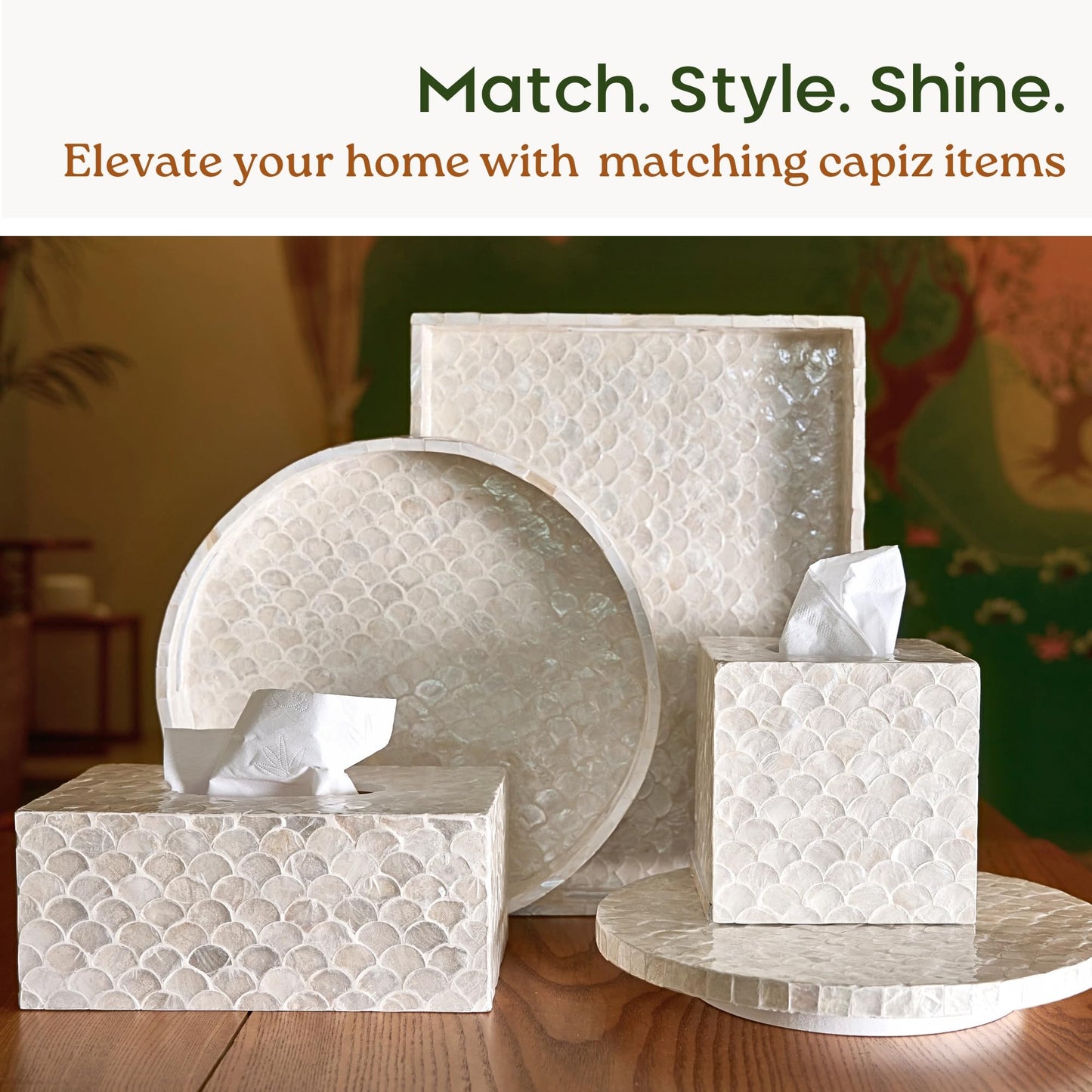 CHI AN HOME 5.5” Capiz Tissue Box Cover, Square Decorative Tissue Holder with Bottom Slider, Handmade Bathroom Accessories, Elegant White Cube for Vanity, Bedroom, Office & Coastal Décor (Natural)