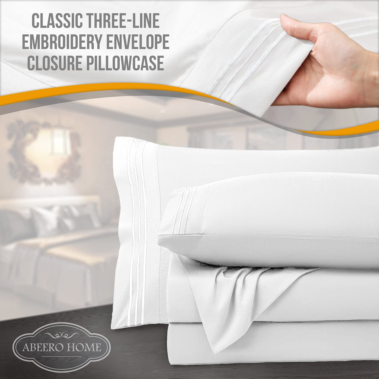 Abeero Home King Size Sheets Set Cooling - Luxury Hotel Sheets - Soft Bed Sheet with Elastic Corner Straps - Deep Pockets Microfiber Bedsheet - Bedding Sheet & Pillowcases - 4 Piece (King, White)
