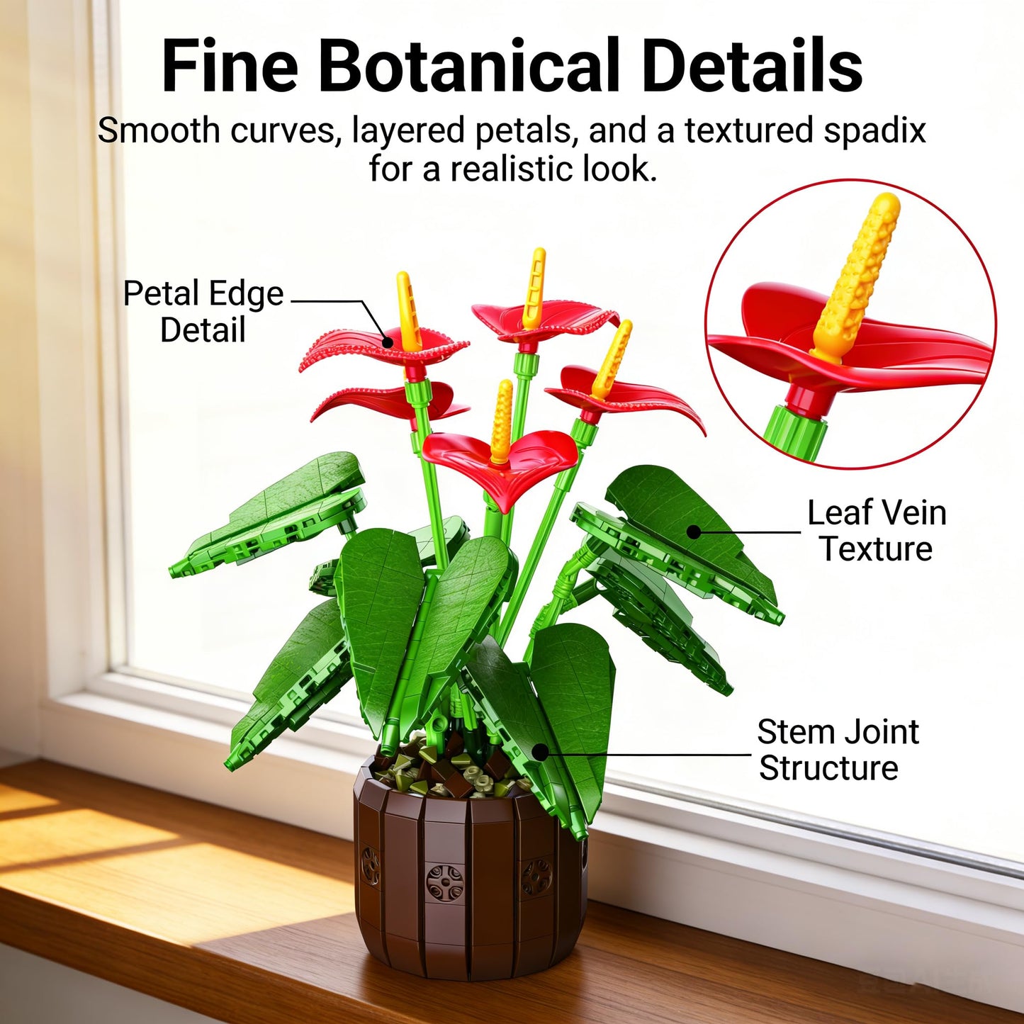 Red Anthurium Flowers Building Set with Vase for Adults, Compatible with Lego Botanicals Collection, Cute Potted Plants Desk Office Décor, Creative Flores Gift for Women Girls Teens 14+, 732 PCS